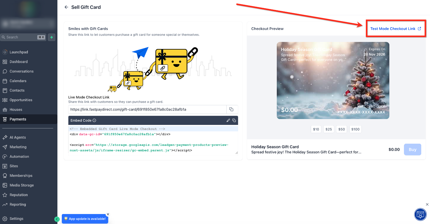How to Sell Gift Cards – Step 3: Click Test Mode Checkout Link