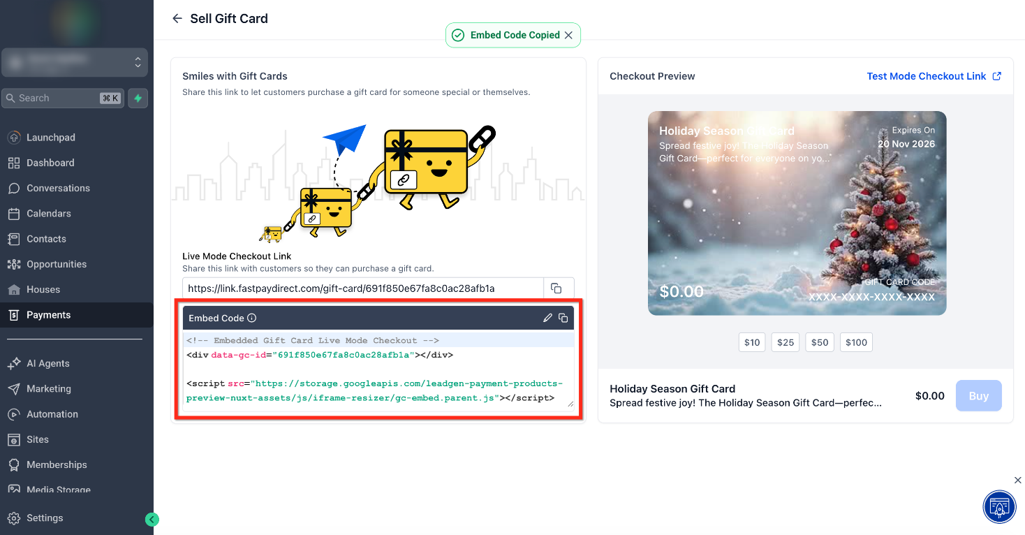 How to Sell Gift Cards – Step 3: Copy the Embed Code