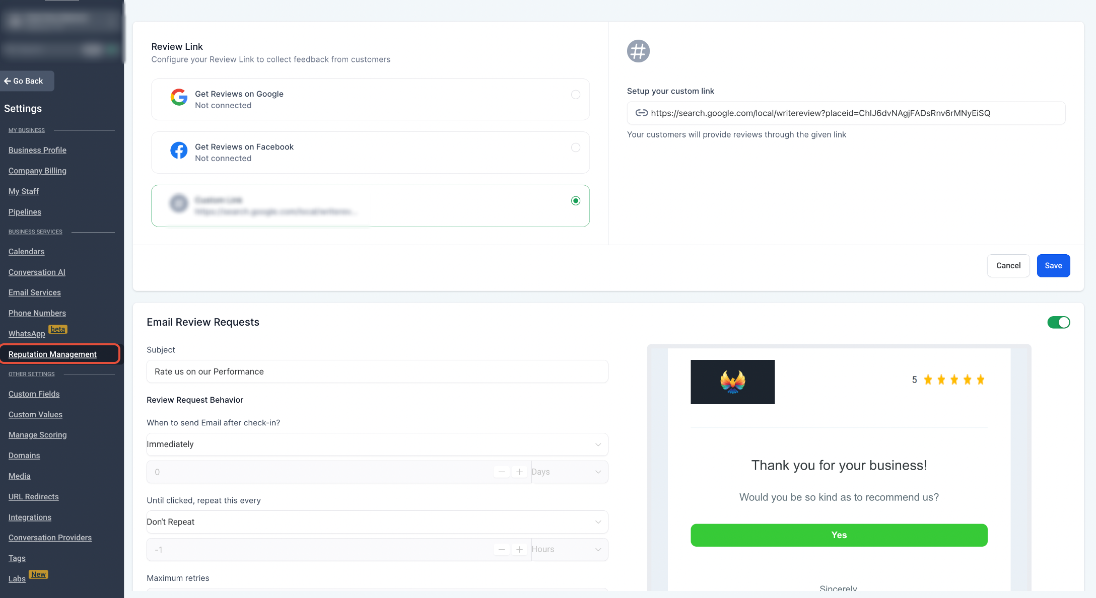 How to Set Up a Review Link in Your Review Request Email – Step 2: Set a Review Link for sending out Emails/SMS