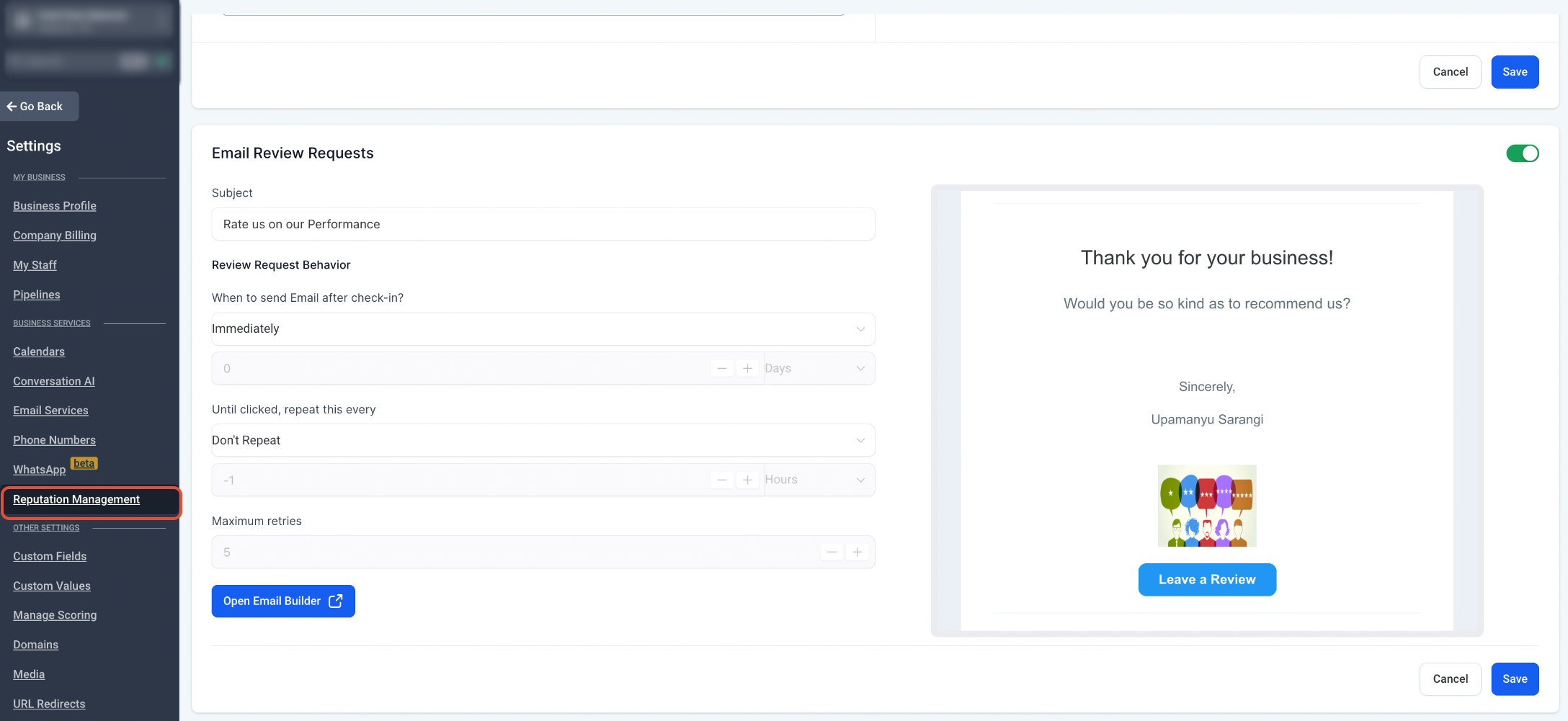 How to Set Up a Review Link in Your Review Request Email – Step 3: Set a Review Link for in the Email Builder