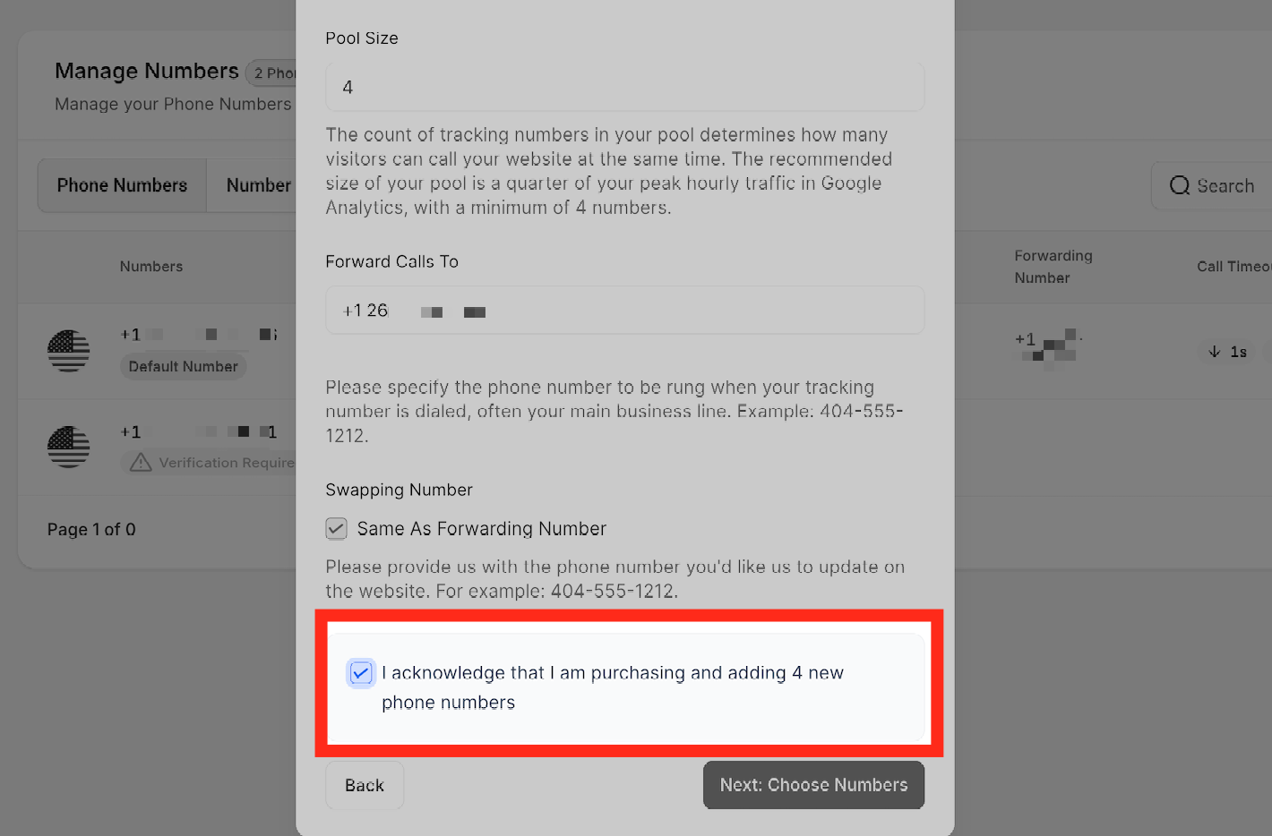 How to Set Up Call Tracking (Number Pool) – Acknowledge purchase checkbox