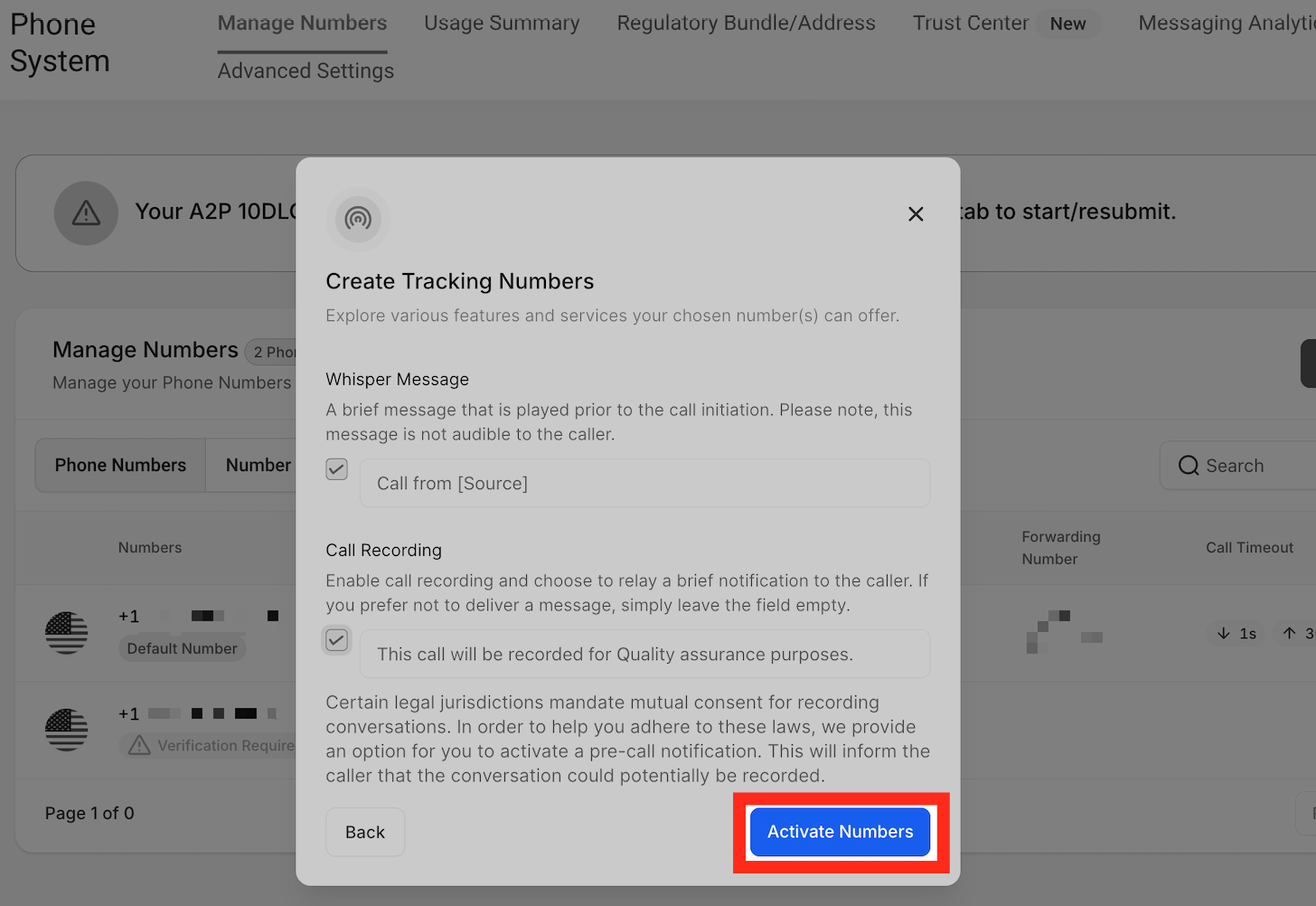 How to Set Up Call Tracking (Number Pool) – Activate Number button