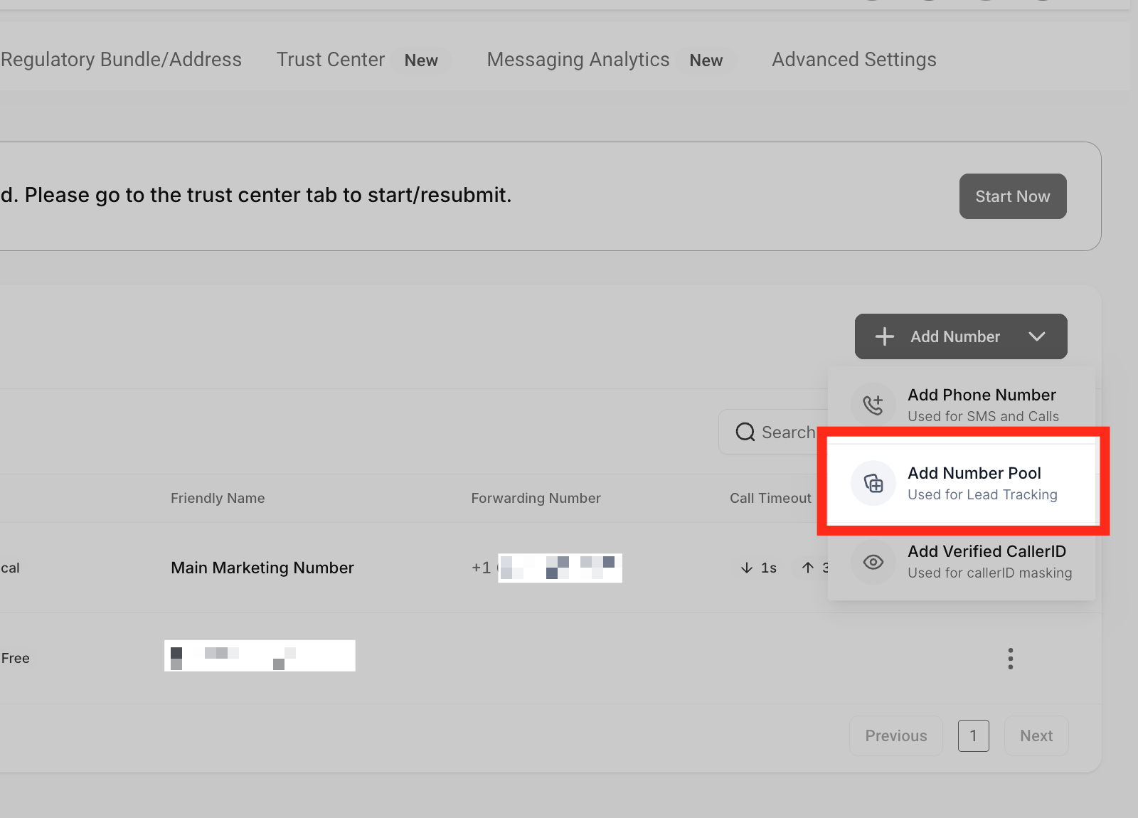 How to Set Up Call Tracking (Number Pool) – Add Number Pool dropdown