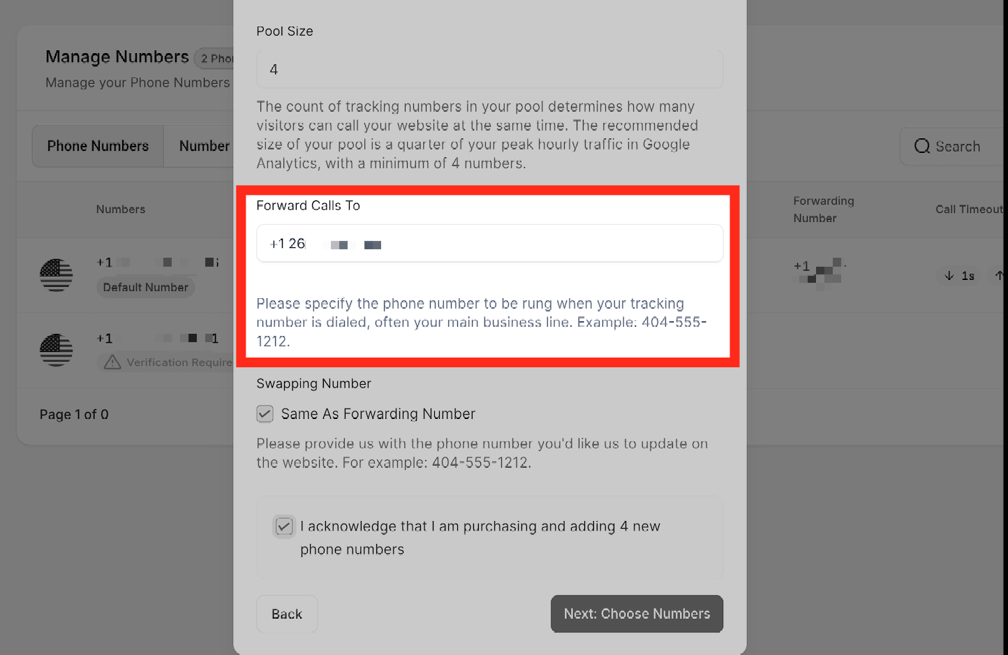 How to Set Up Call Tracking (Number Pool) – Forwarding Number field