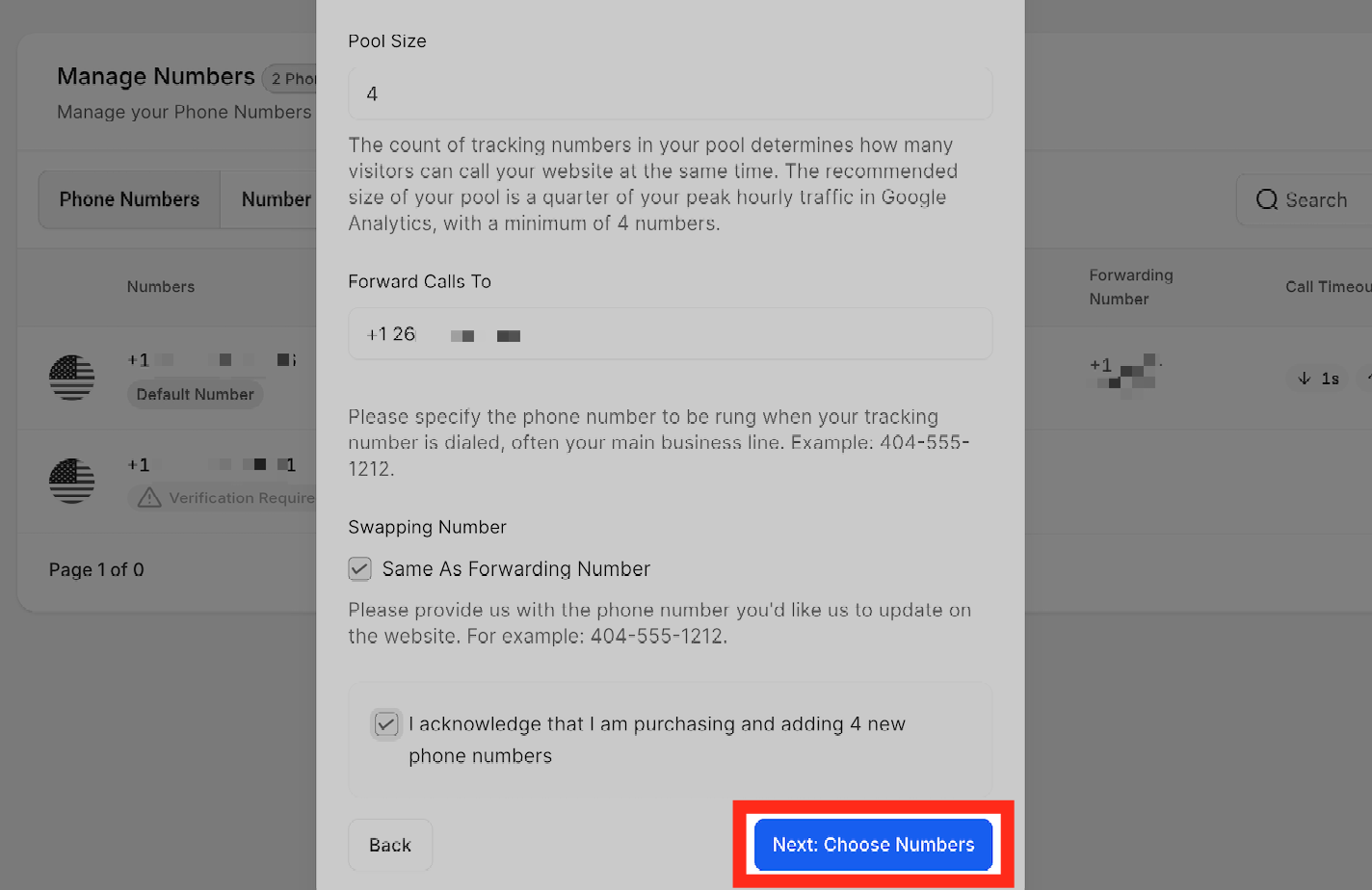 How to Set Up Call Tracking (Number Pool) – Next: Choose Numbers button