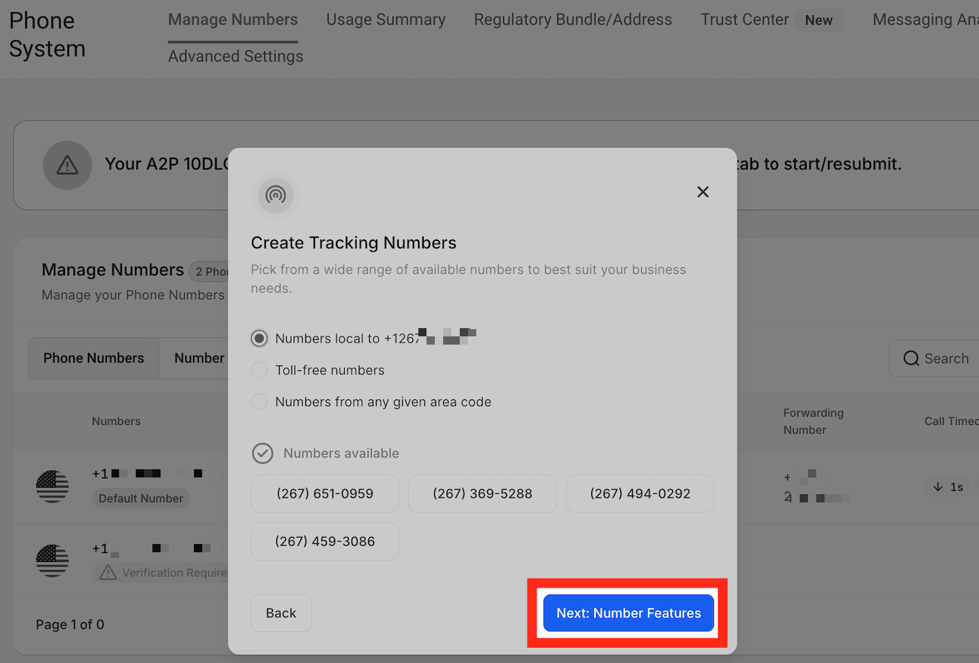 How to Set Up Call Tracking (Number Pool) – Next: Number Features button
