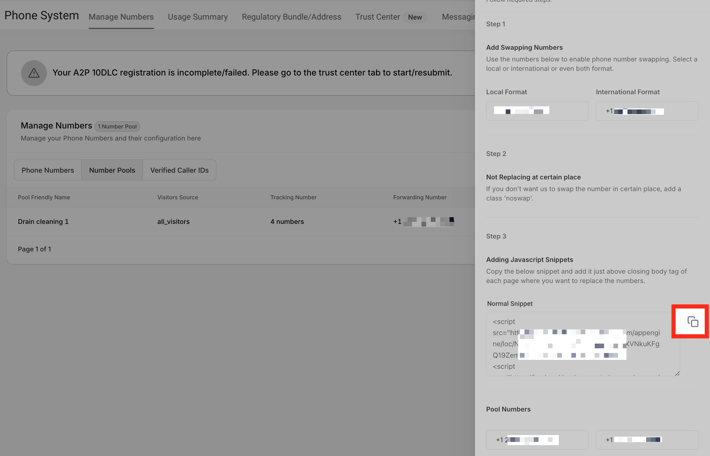 How to Set Up Call Tracking (Number Pool) – Normal Snippet Code panel