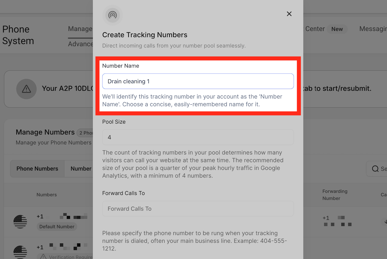 How to Set Up Call Tracking (Number Pool) – Number Name field