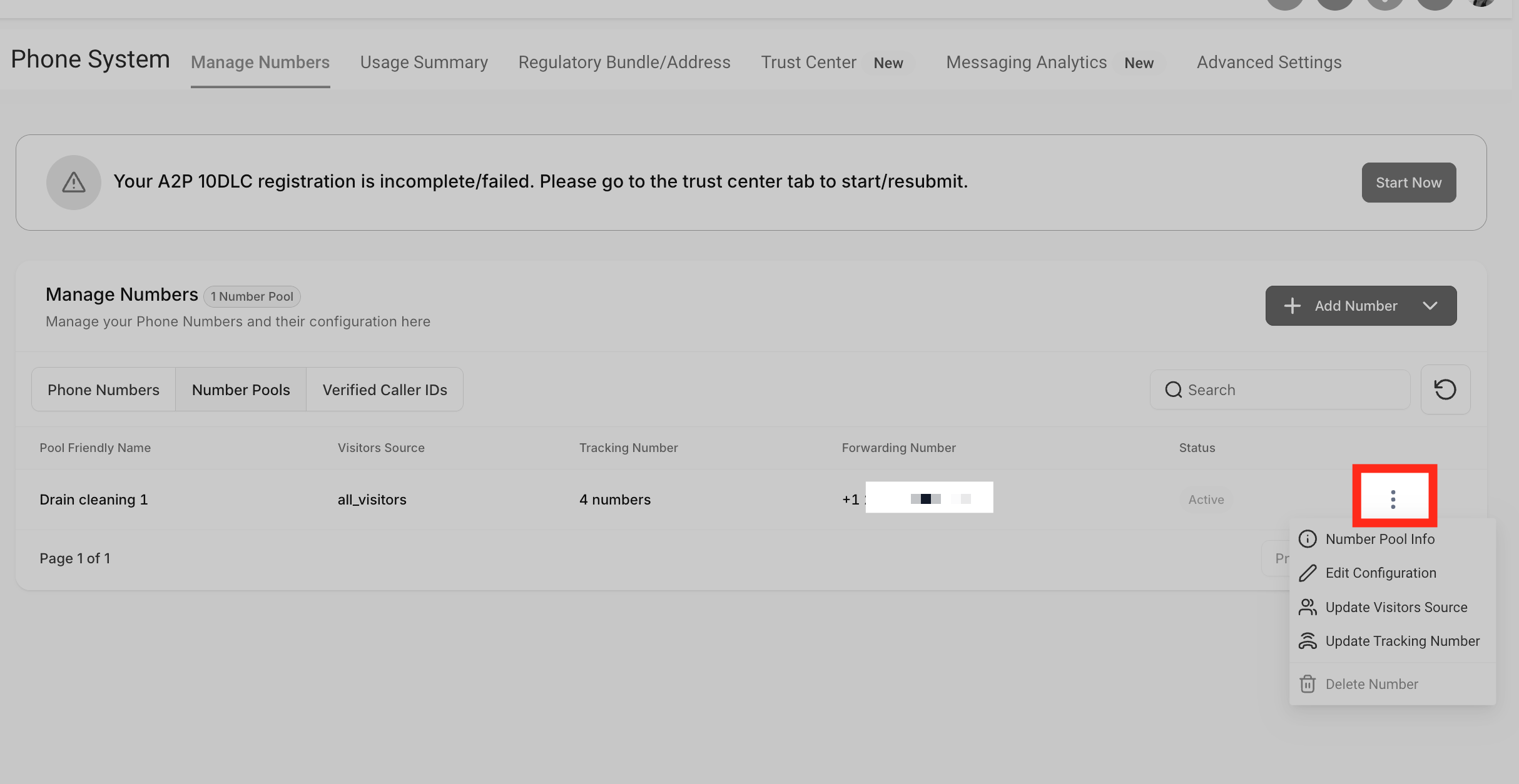 How to Set Up Call Tracking (Number Pool) – Number pool three-dot menu