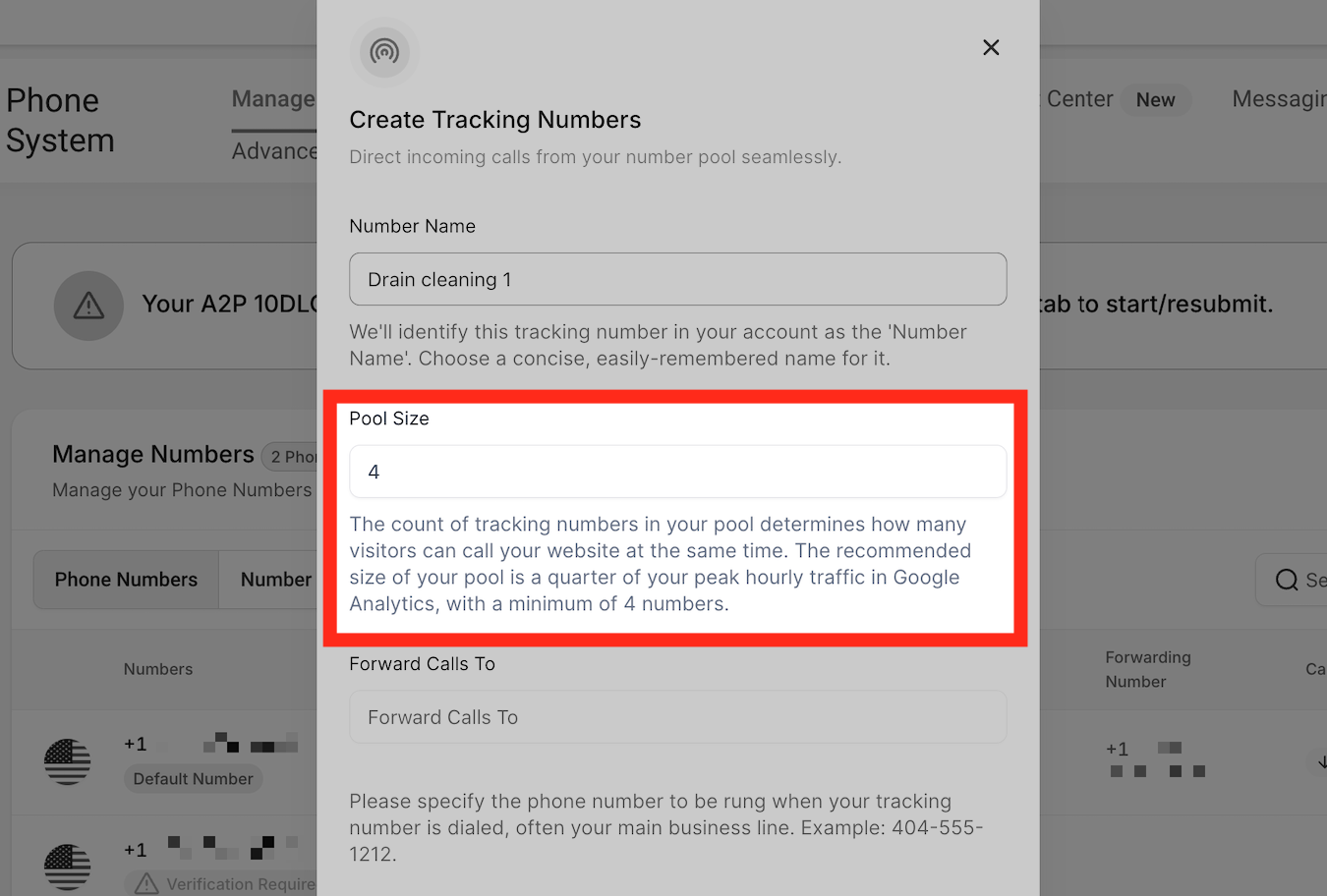 How to Set Up Call Tracking (Number Pool) – Pool Size field