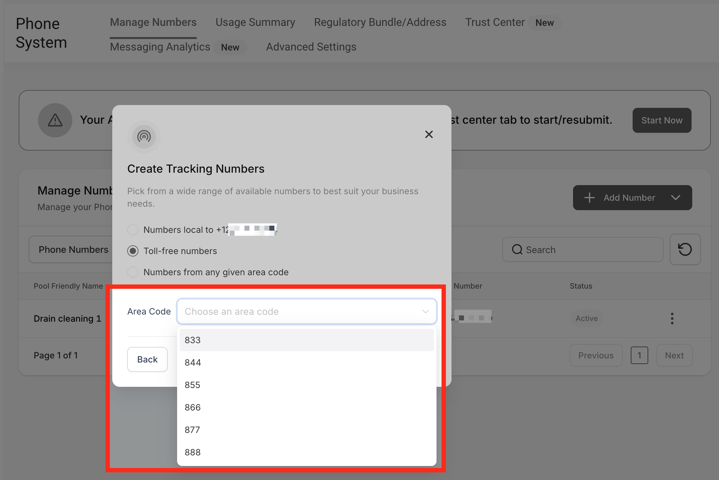 How to Set Up Call Tracking (Number Pool) – Toll-free area code dropdown