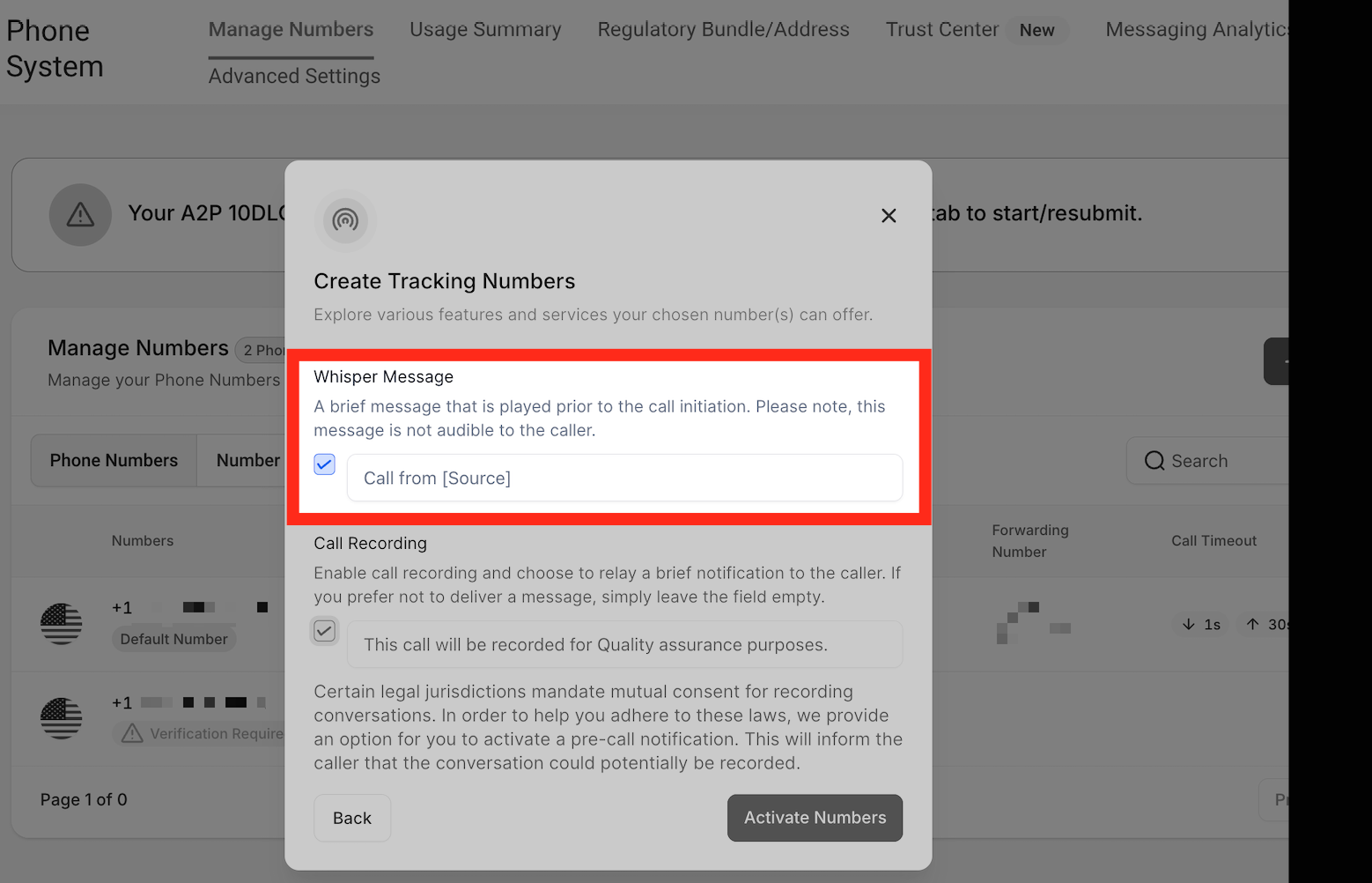 How to Set Up Call Tracking (Number Pool) – Whisper Message setting