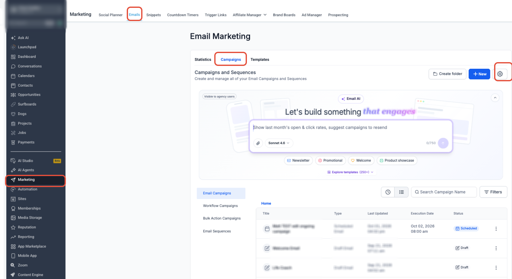 How to Set Up Sender Preferences in the Email Builder – Email Campaigns showing the Settings gear