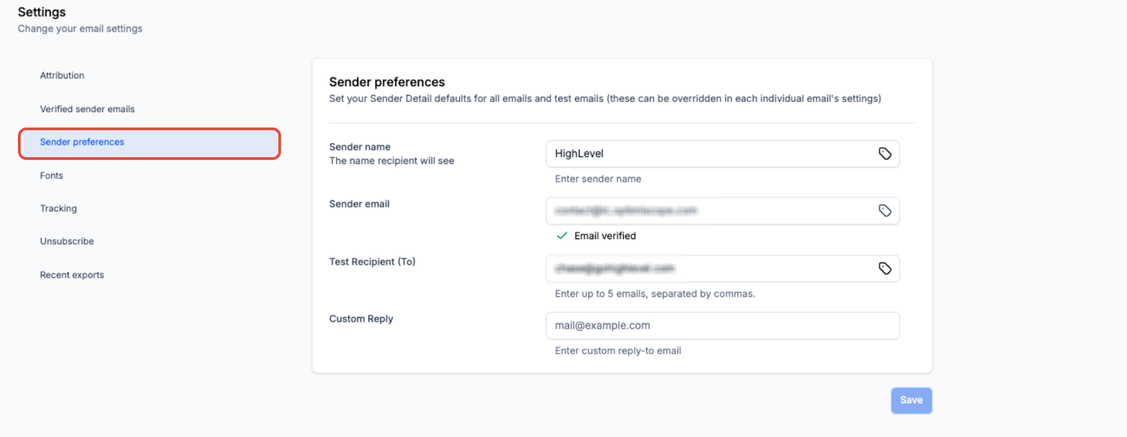 How to Set Up Sender Preferences in the Email Builder – Sender Preferences form showing sender and test-recipient fields