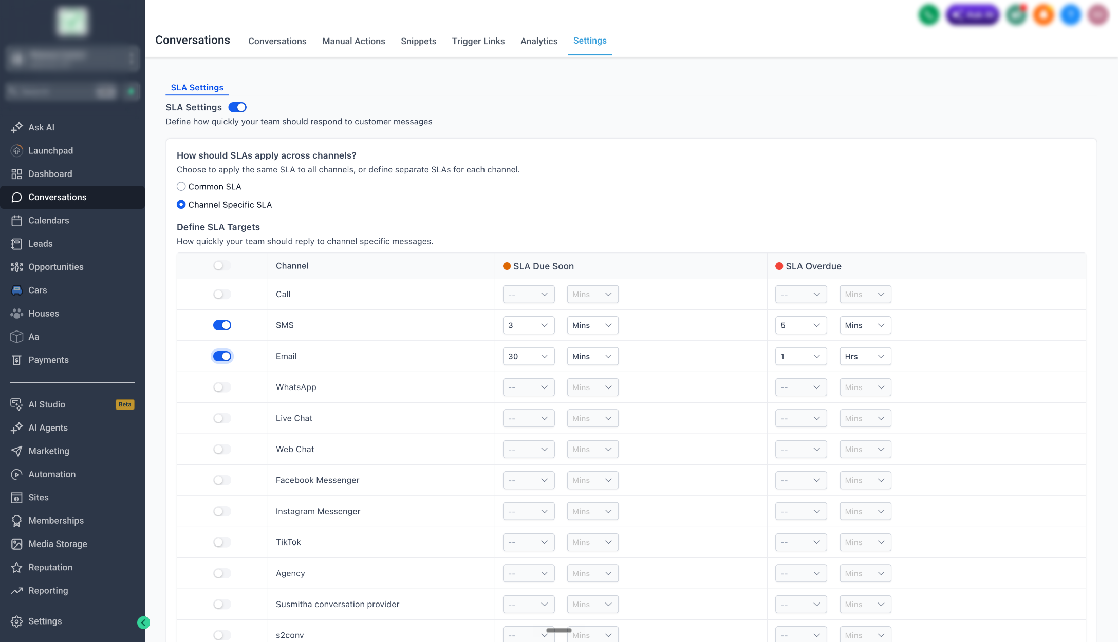 How to Setup and Track Conversation SLAs – Step 2: Choose How SLAs Apply Across Channels
