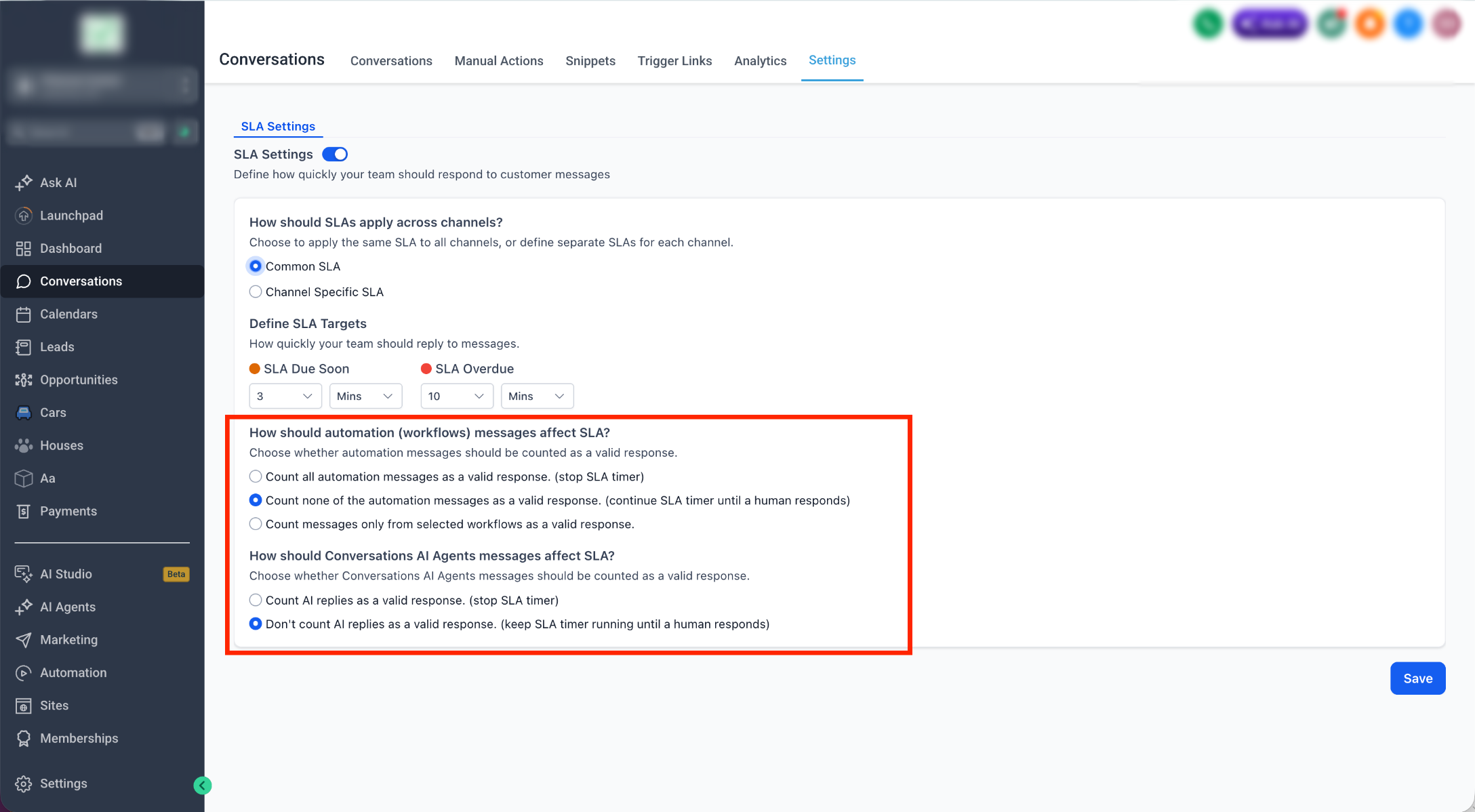 How to Setup and Track Conversation SLAs – Step 4: Choose How Workflow and AI Messages Affect SLAs
