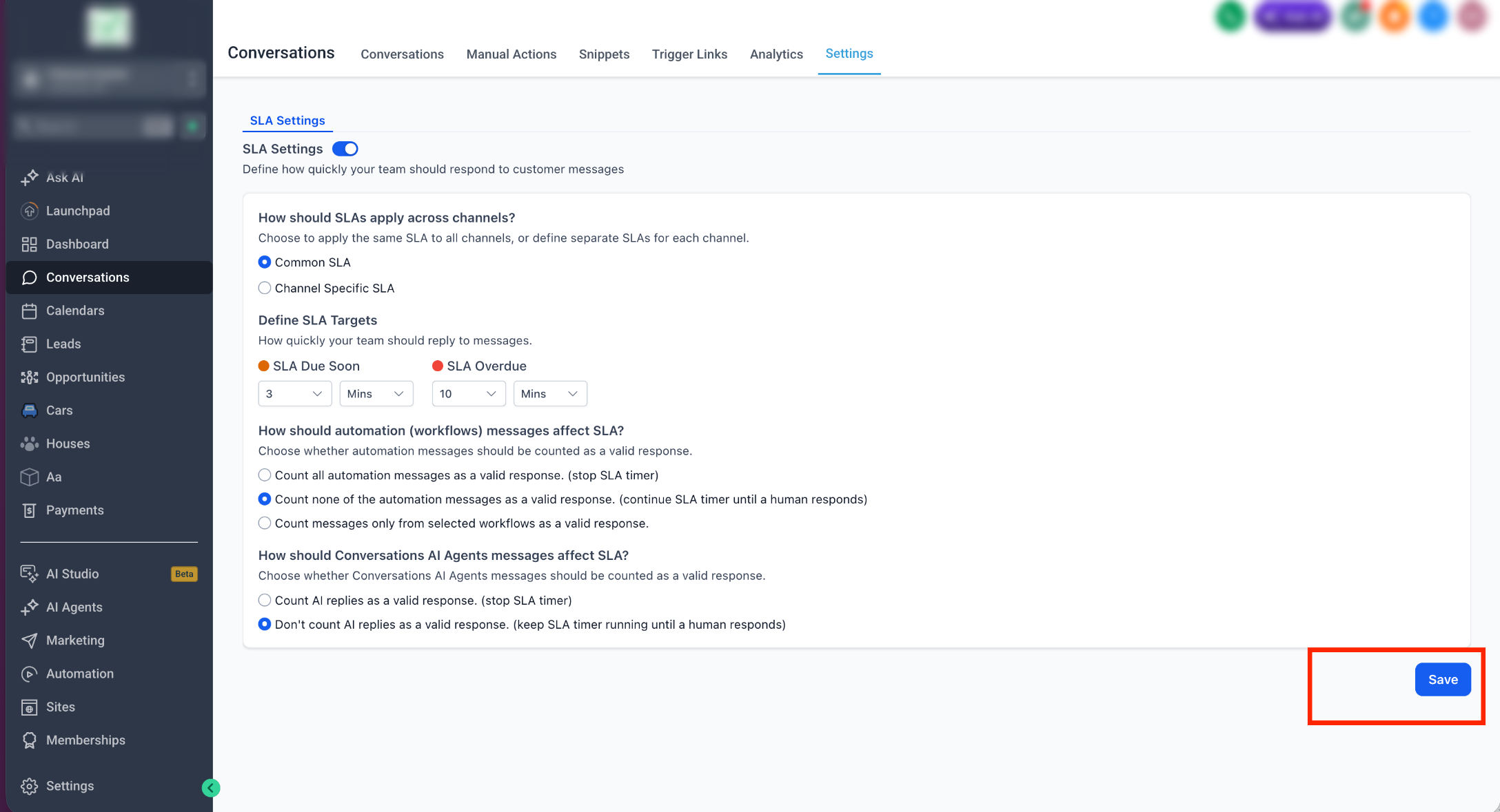 How to Setup and Track Conversation SLAs – Step 6: Save and Apply Settings
