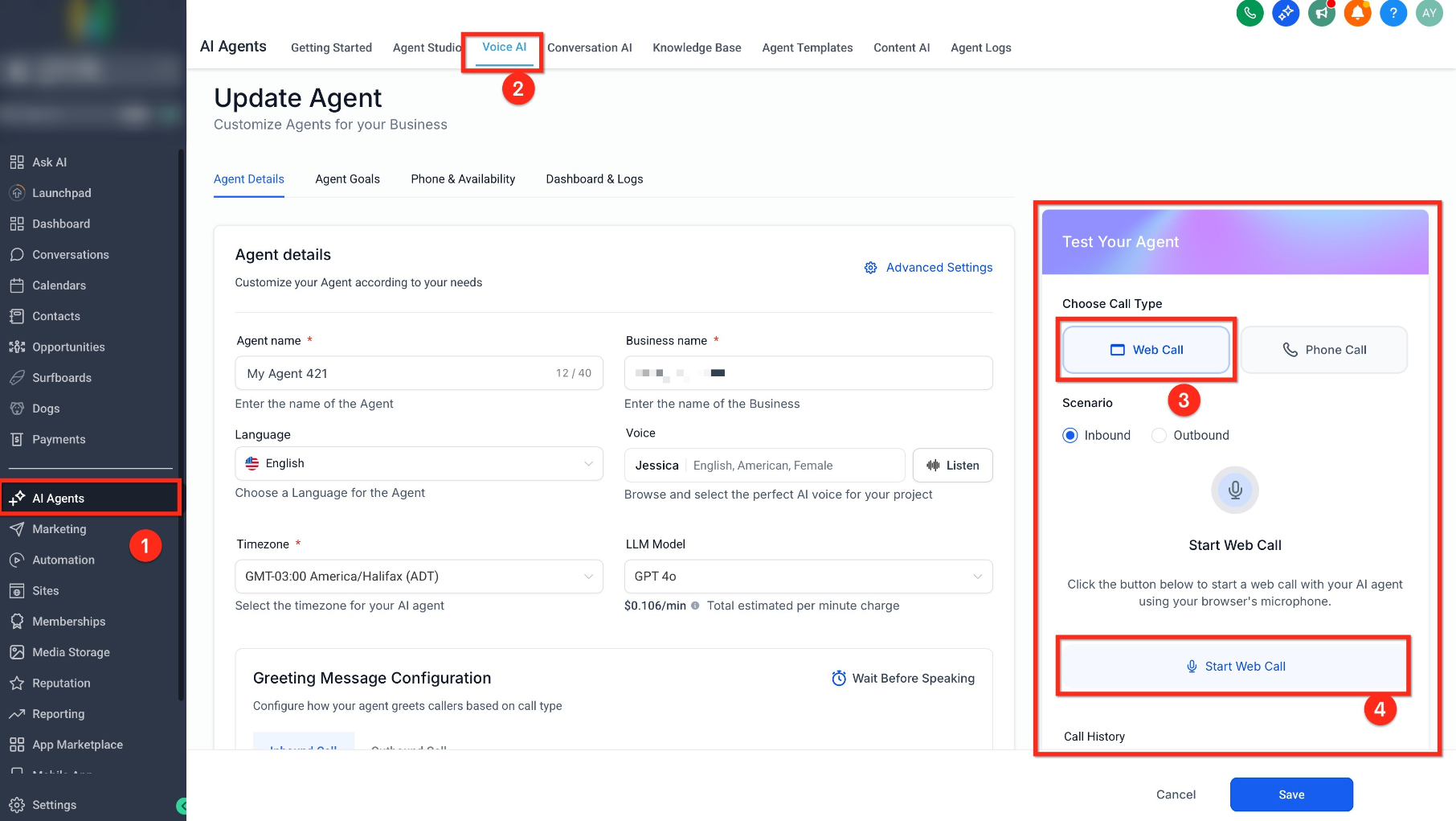 How to Test Voice AI Agents – Voice AI agent testing panel showing Web Call and Phone Call options