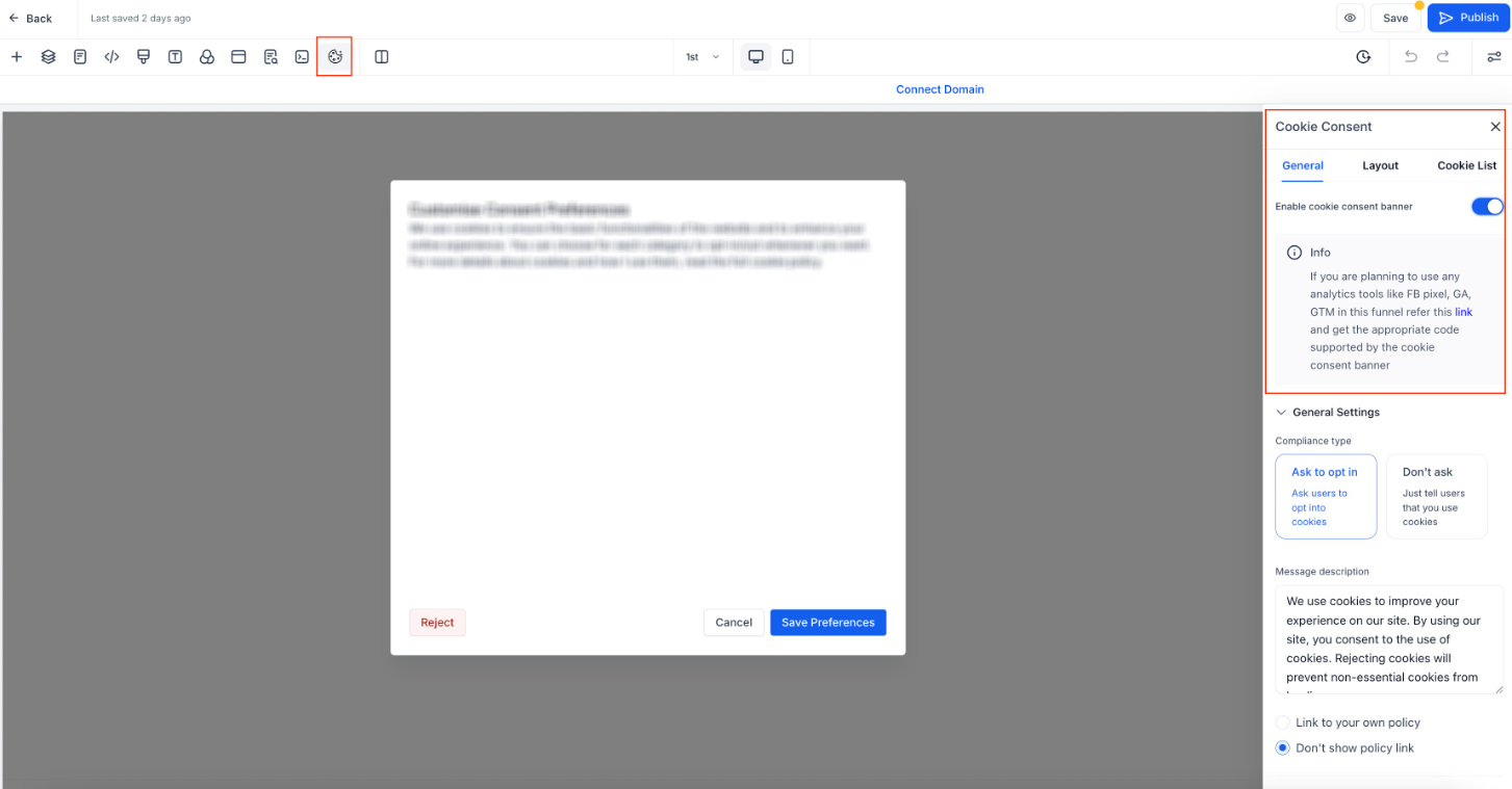 How to Use the Cookie Consent Banner in Funnels & Websites – 3. Customize Cookie Preferences