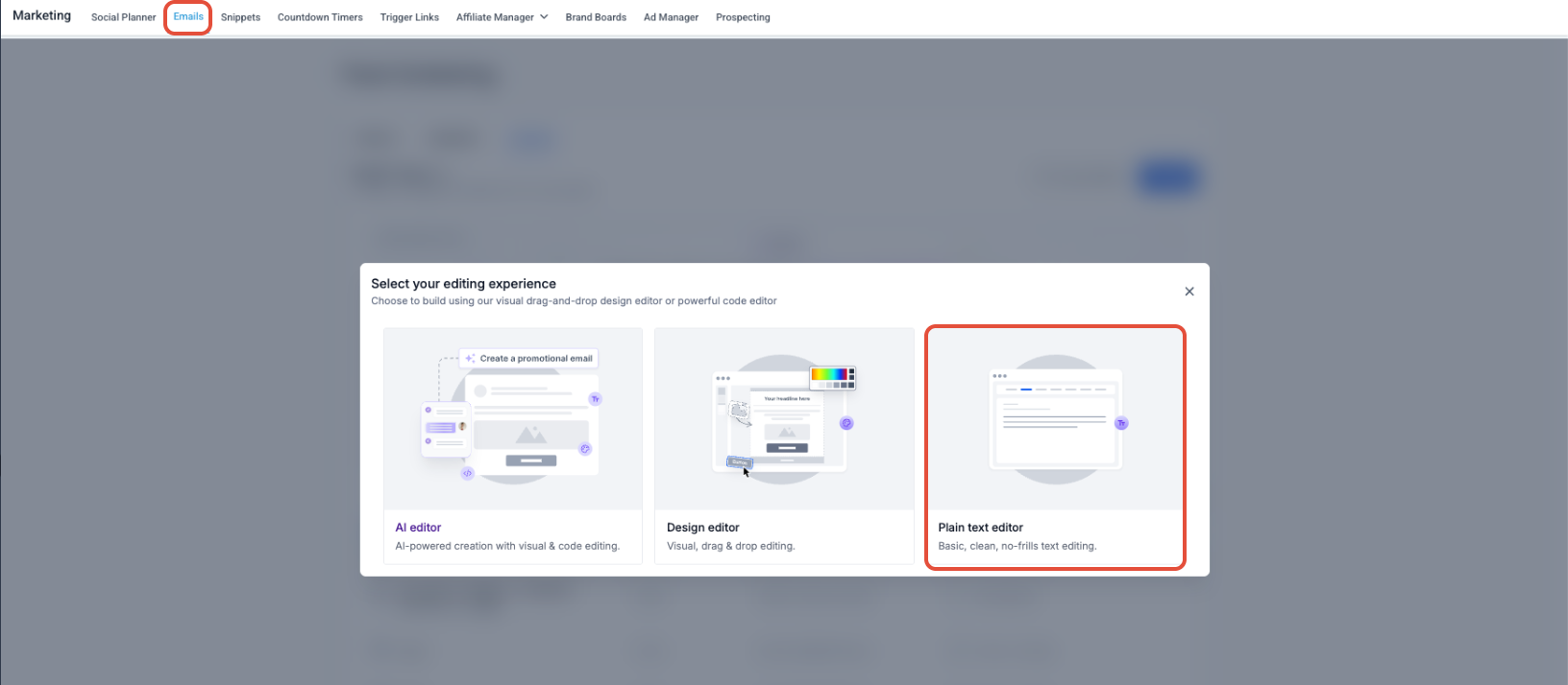 How to Use the Plain Text Editor for Emails – Email editor selection showing Design Code and Plain Text options