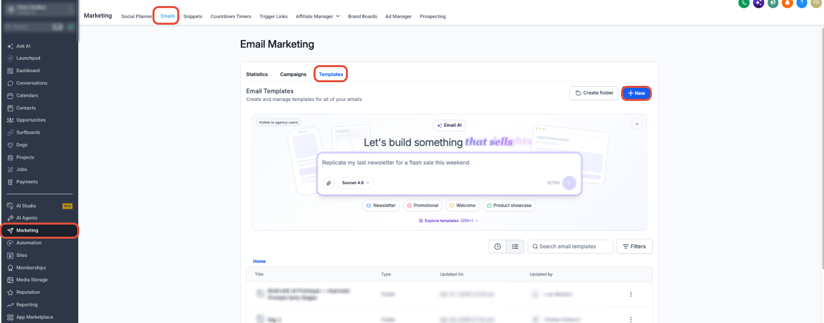 How to Use the Plain Text Editor for Emails – Email Templates page showing the New button