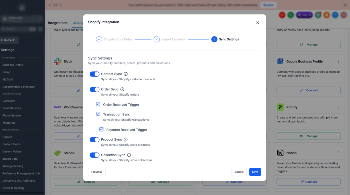 How to Use the Shopify Integration with Your Account – Shopify Import Elements screen showing historical data import options