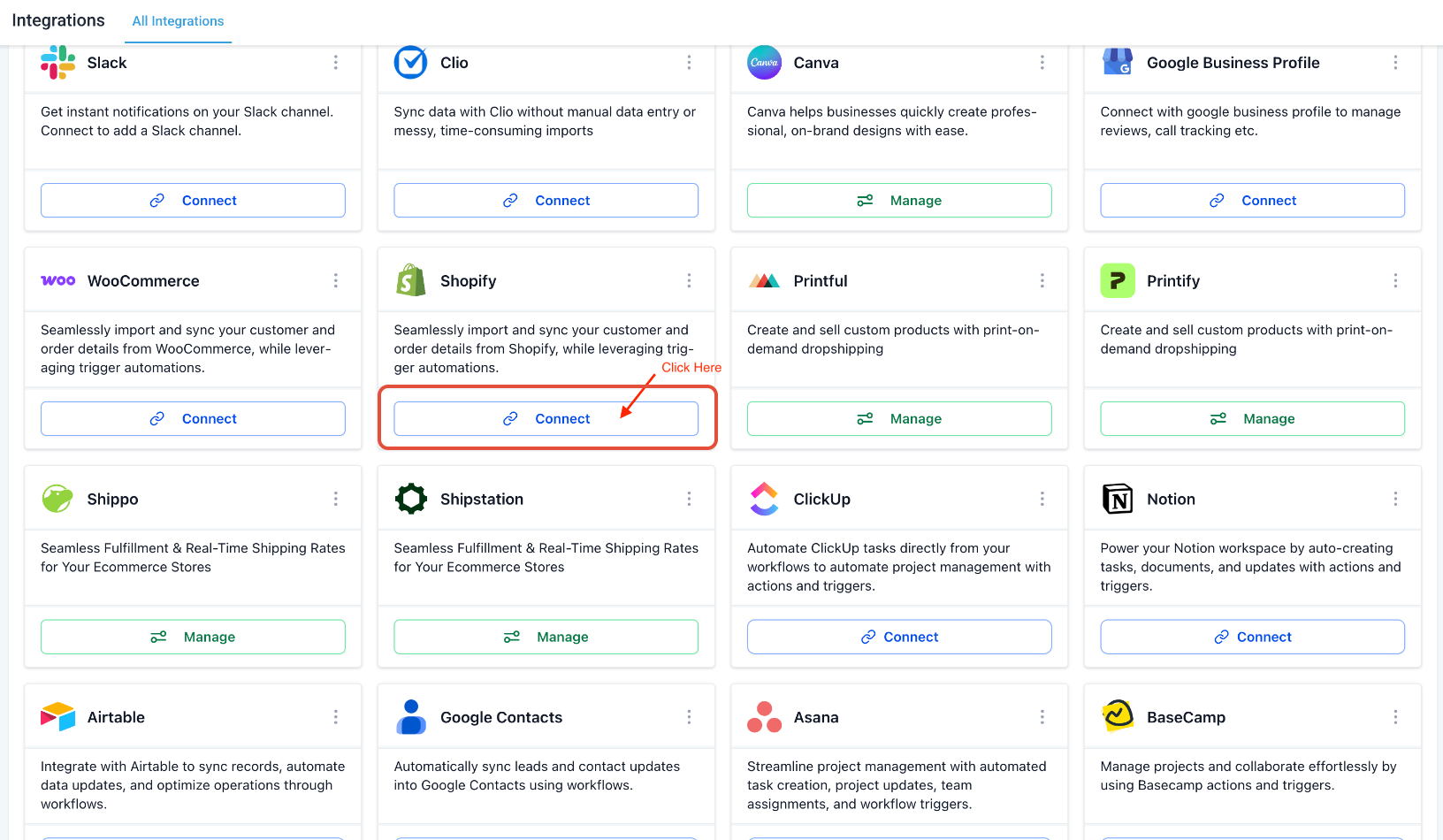 How to Use the Shopify Integration with Your Account – Shopify integration connection option in Settings