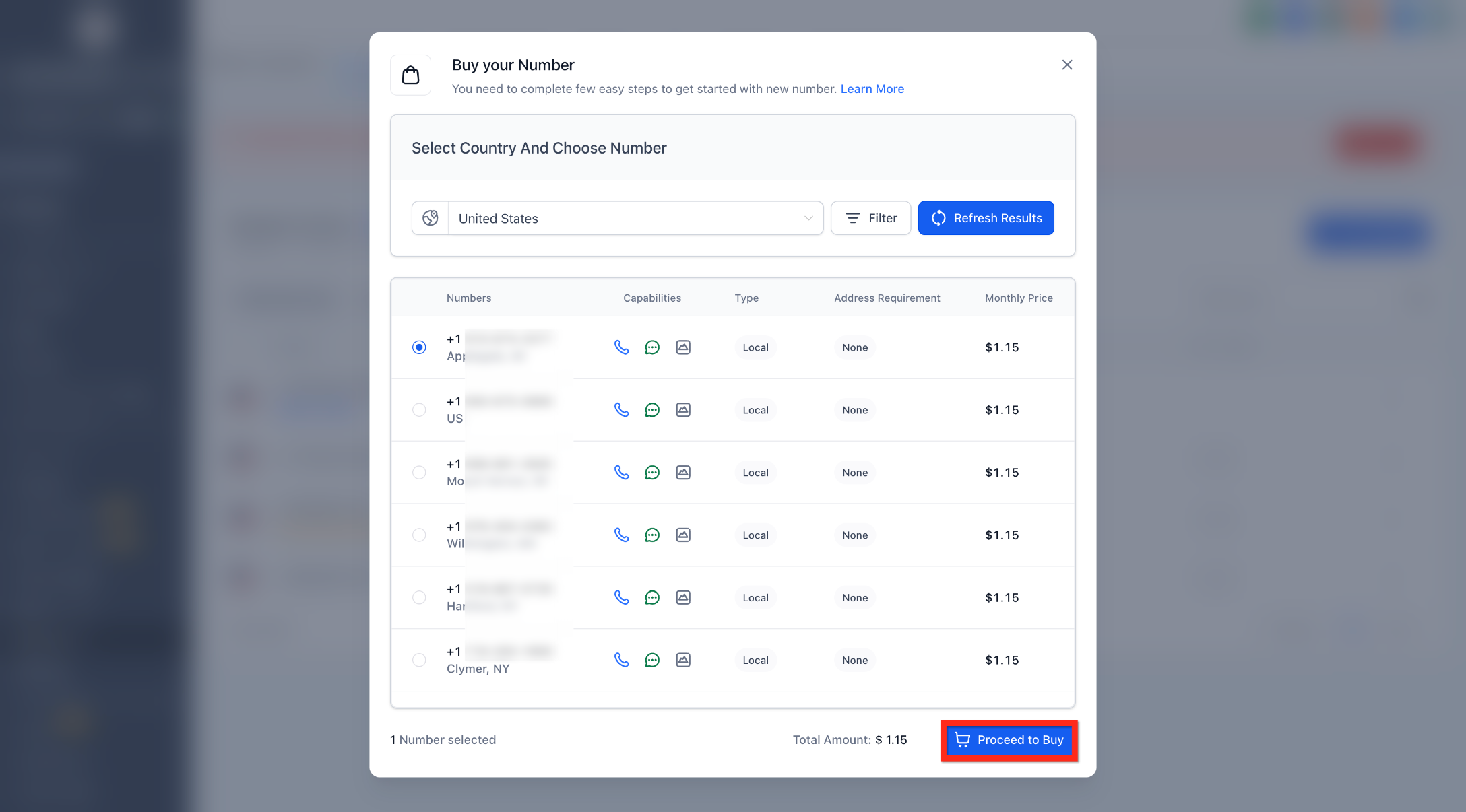 Identity Verification for Phone Number Purchases (US/CA/PR/IL) – Eligible phone number selected with Proceed to Buy