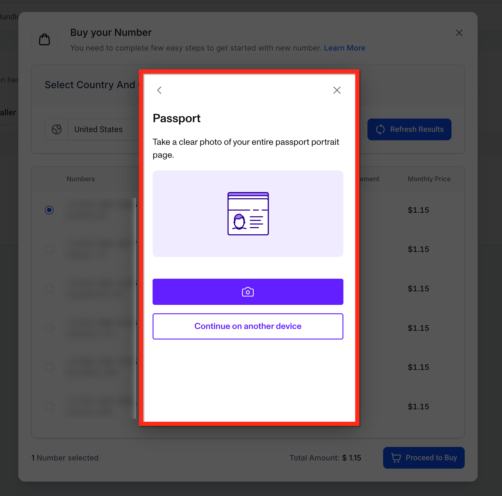 Identity Verification for Phone Number Purchases (US/CA/PR/IL) – Persona government-issued identification upload screen