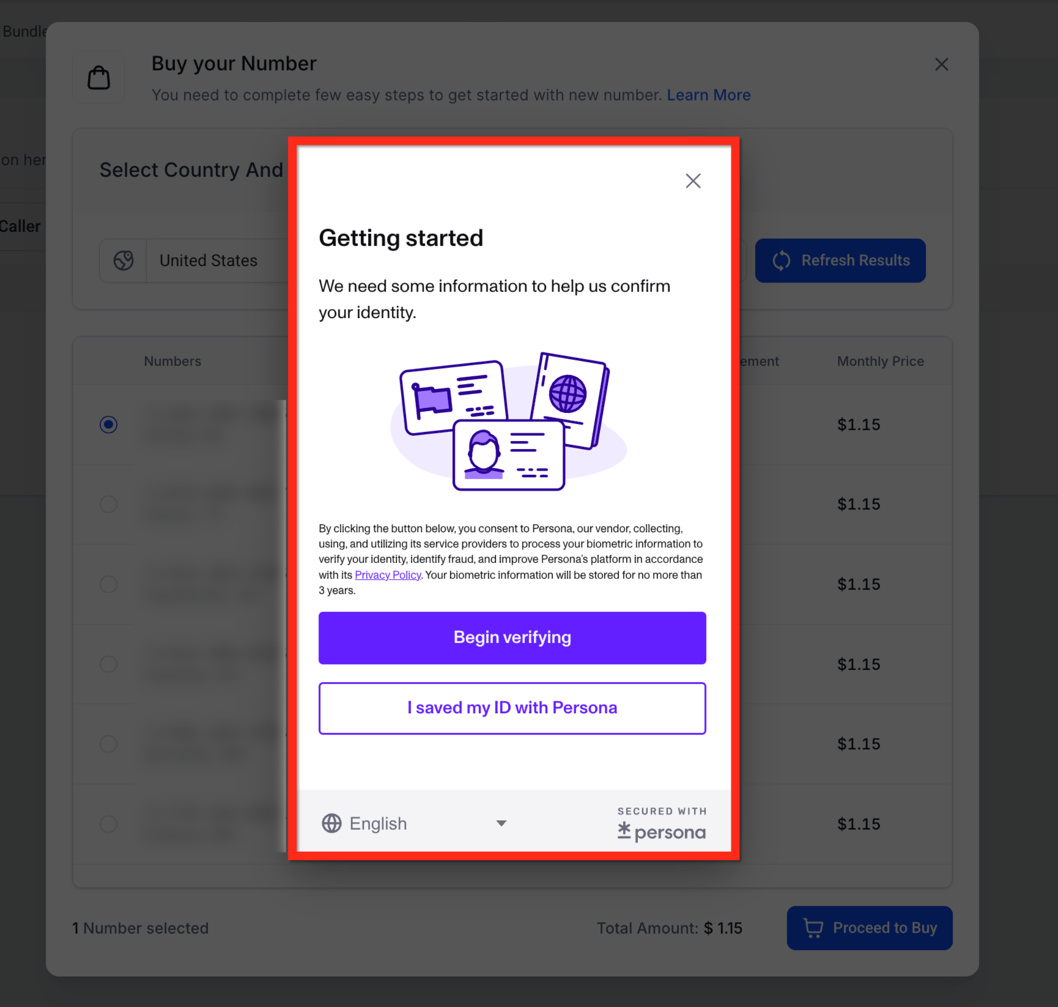 Identity Verification for Phone Number Purchases (US/CA/PR/IL) – Persona identity verification modal displayed during phone number purchase