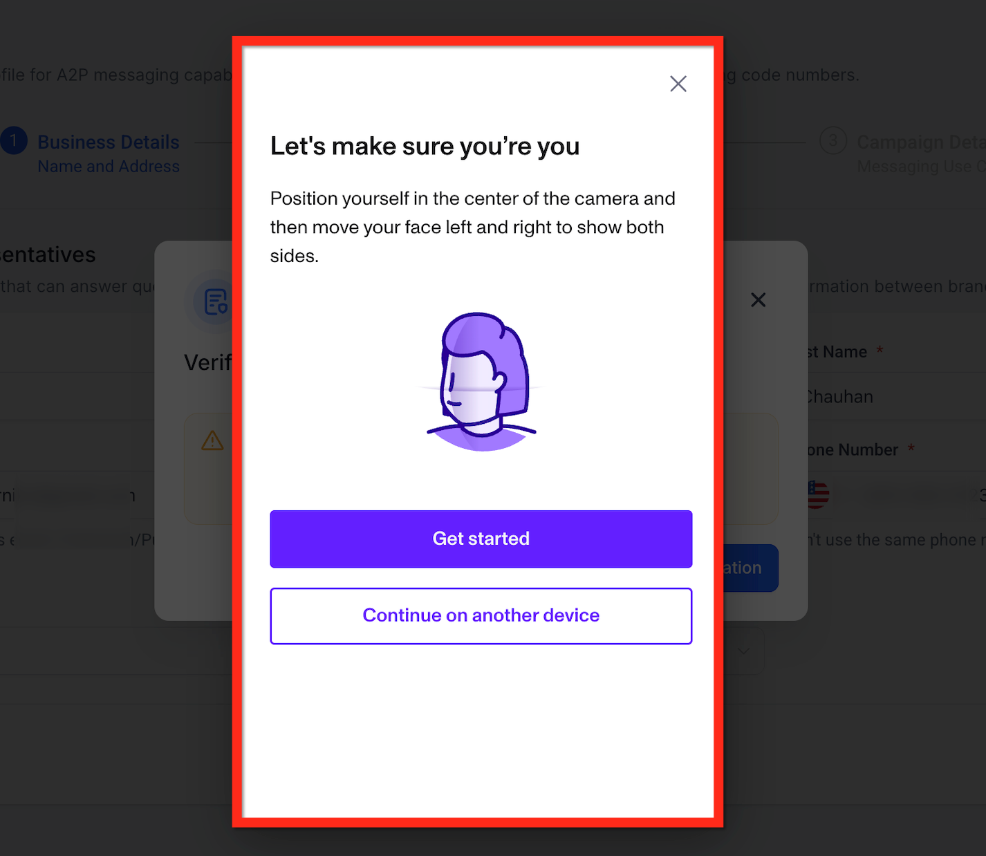 Identity Verification for Phone Number Purchases (US/CA/PR/IL) – Persona live selfie verification step