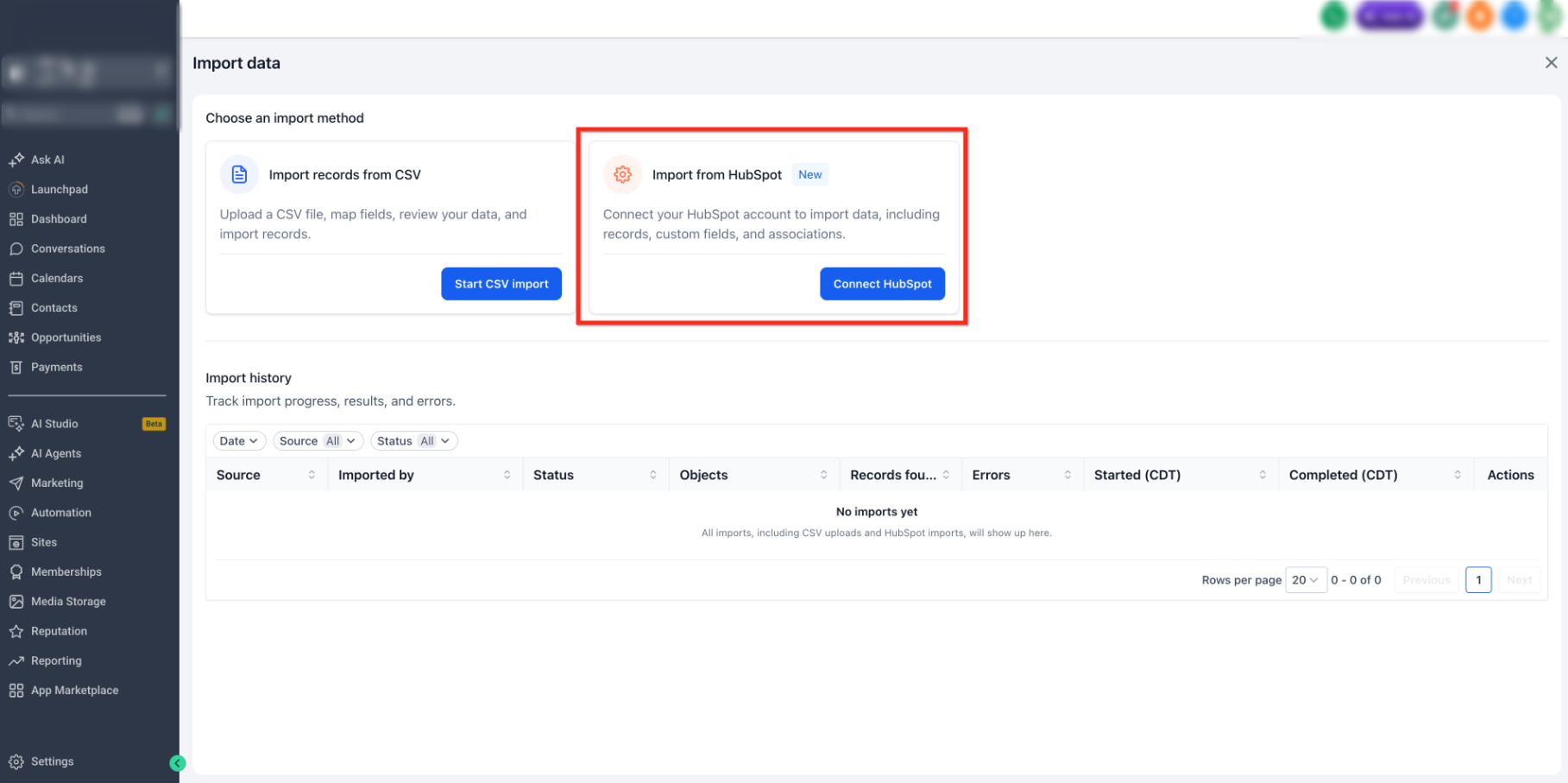 Import data from HubSpot – Step 2: Select HubSpot Import