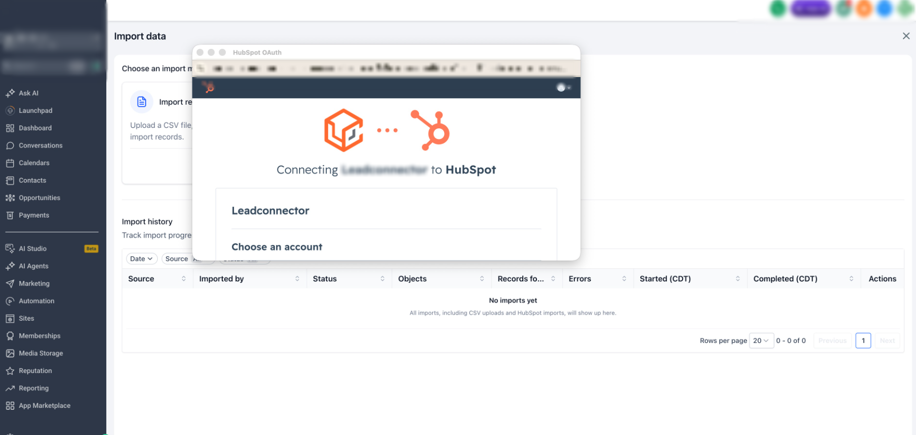 Import data from HubSpot – Step 3: Authenticate your HubSpot account