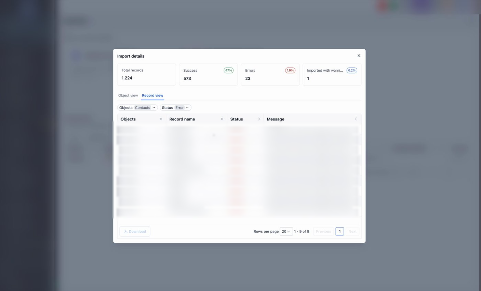 Import data from HubSpot – The Import details modal filtered to Status = Error, showing rows of failed records with error messages refer…