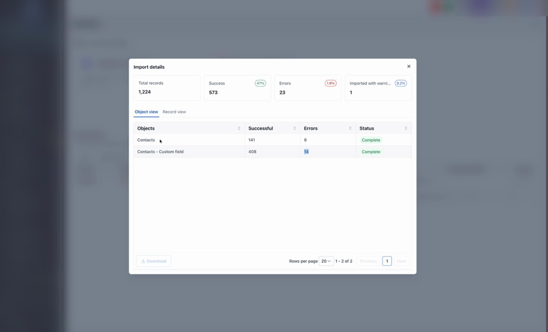 Import data from HubSpot – The Import details modal in Object view, showing total records, success, errors, and imported-with-warnings c…