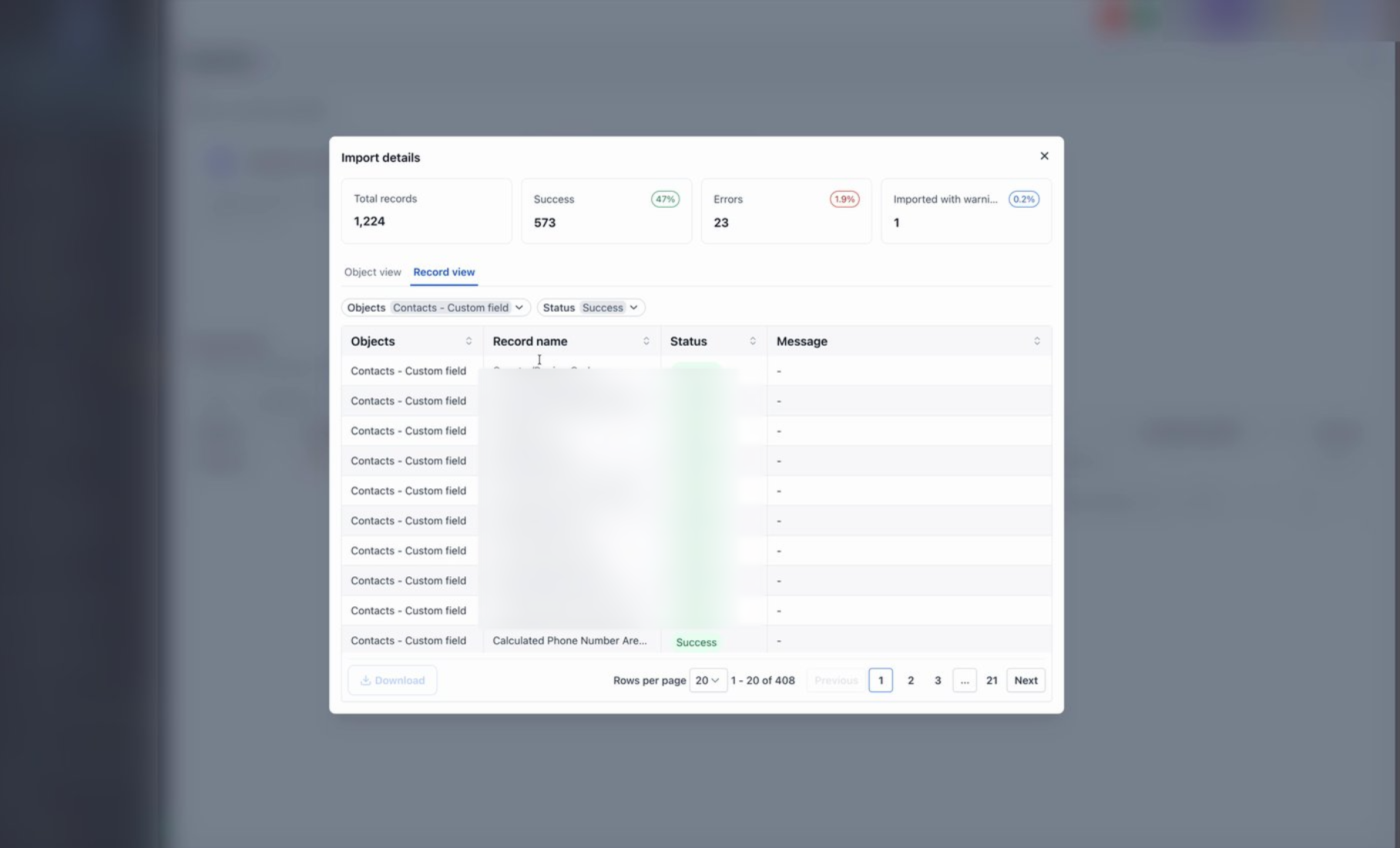 Import data from HubSpot – The Import details modal in Record view, filtered to Status = Success, showing successfully imported records.
