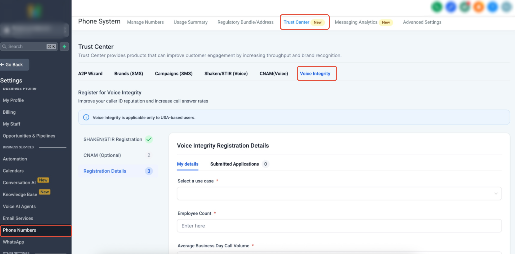 Improve your Phone Number’s reputation with Voice Integrity – Step 2: Complete the Registration Form