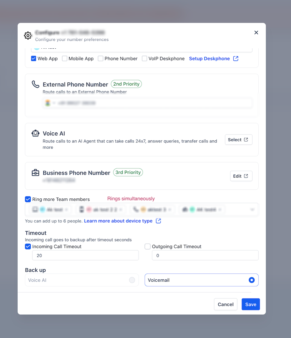 Inbound Calls: IVR, AI, Routing & Call Flow Explained – Call Forwarding configuration showing team members, forwarding options, timeout, and backup