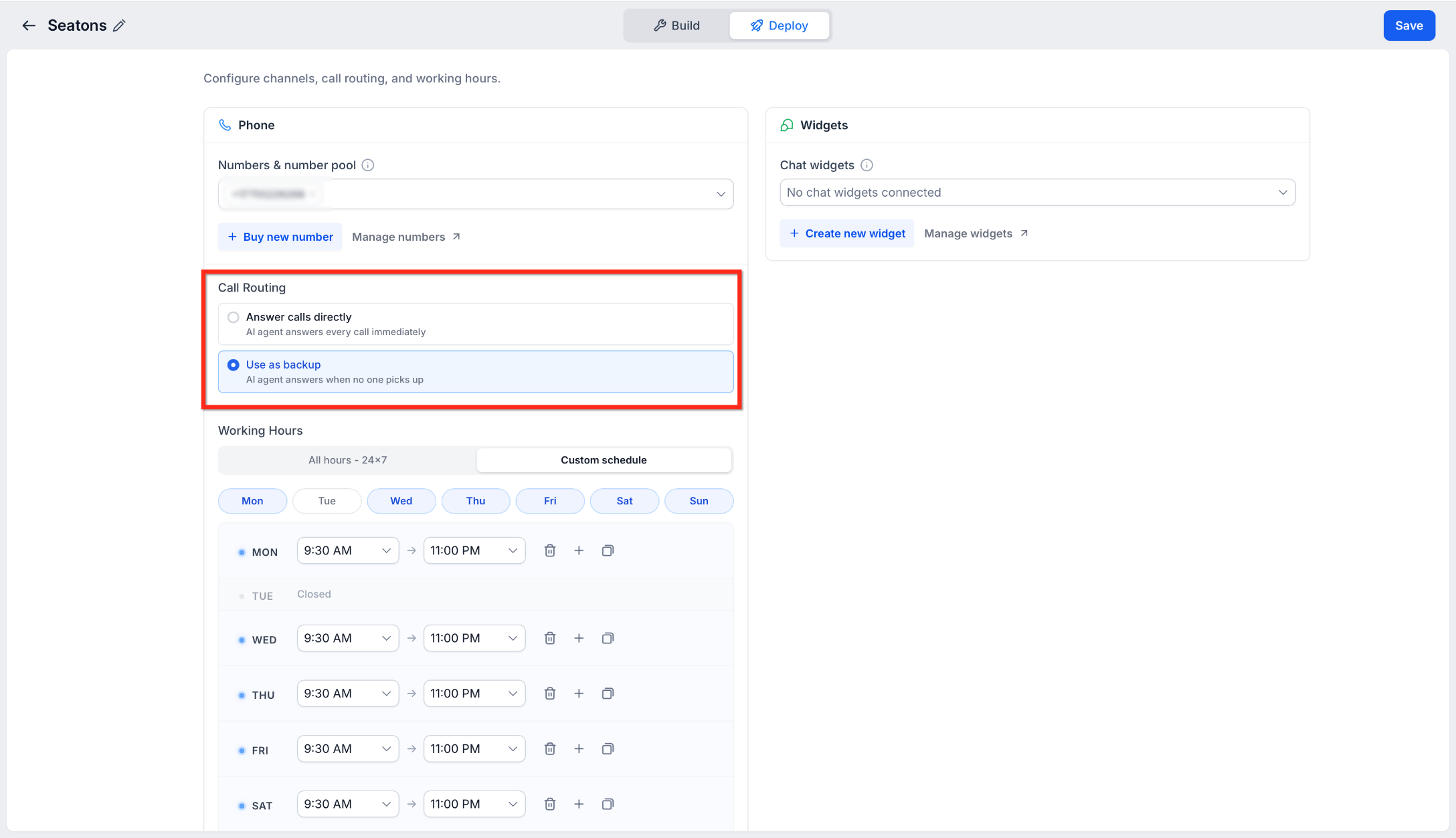 Inbound Calls: IVR, AI, Routing & Call Flow Explained – Voice AI Deploy screen showing Answer calls directly and Use as backup