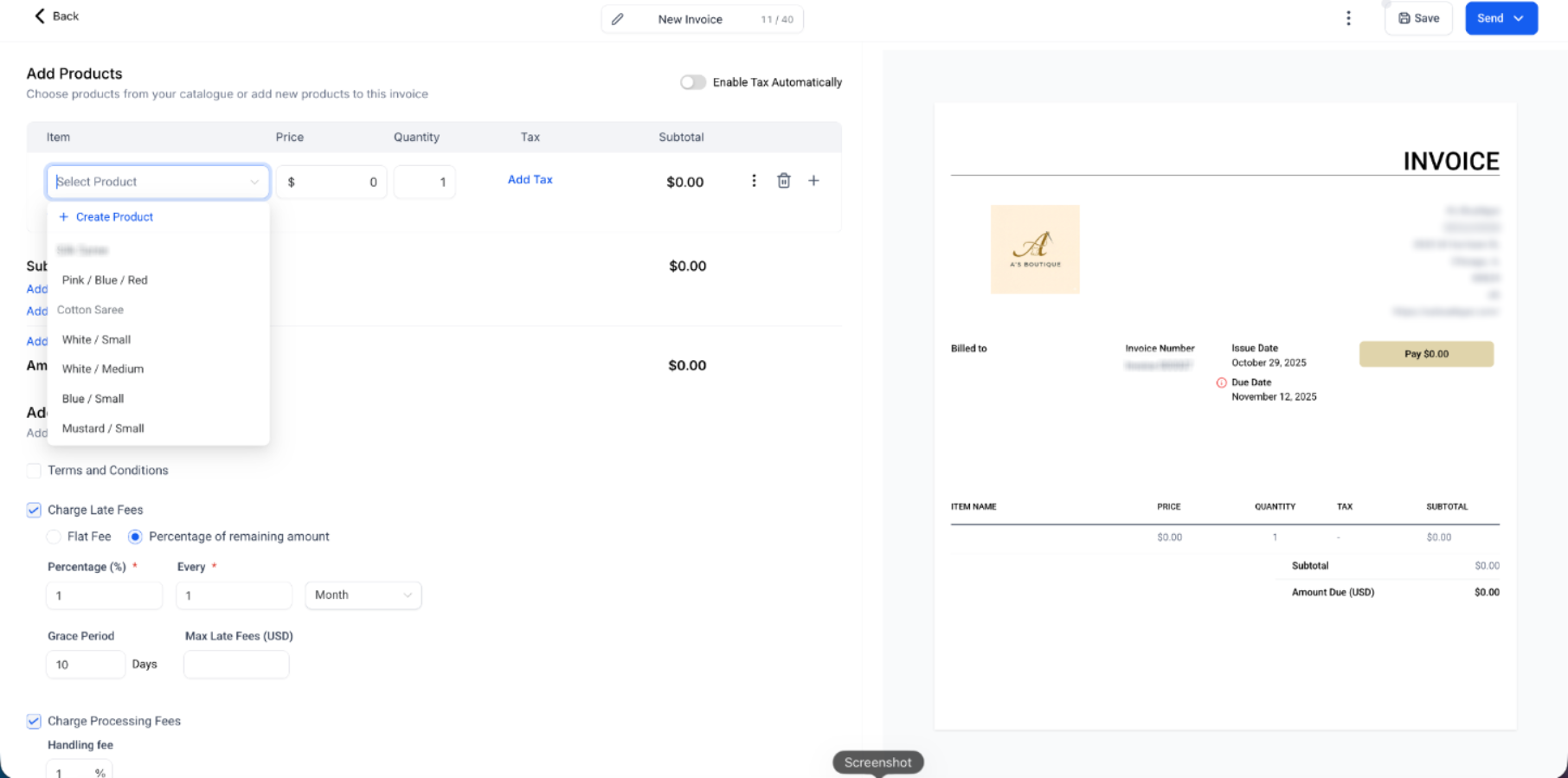Invoices – New revamped UI – Invoice editor product selector showing existing products and Create Product