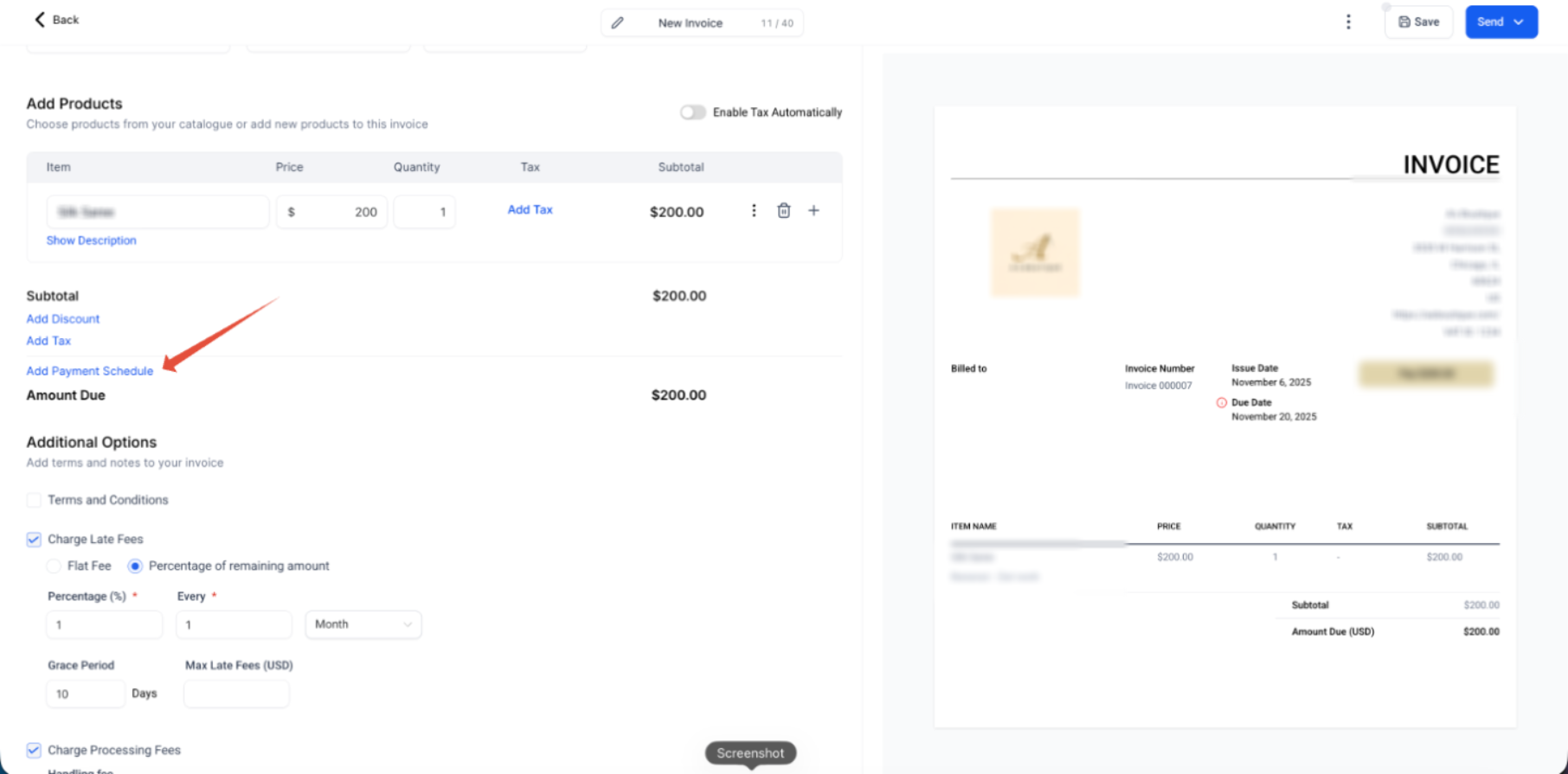 Invoices – New revamped UI – Invoice editor showing Add Payment Schedule and Additional Options