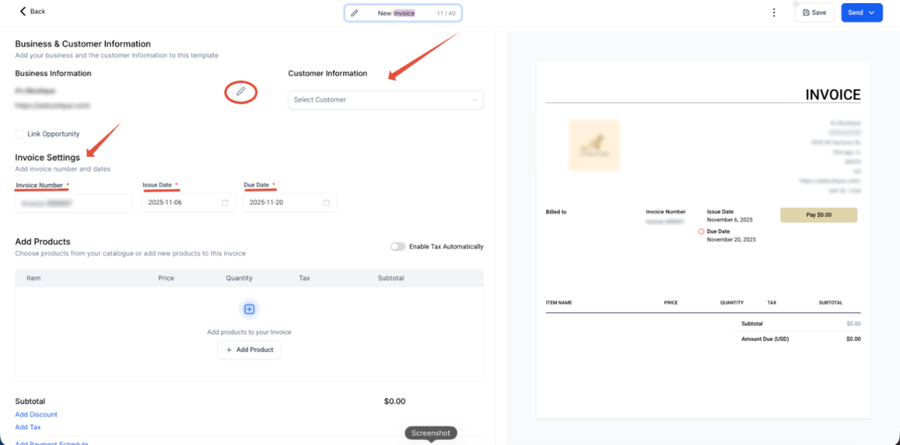 Invoices – New revamped UI – Invoice editor showing business information customer selection invoice number issue date and due date