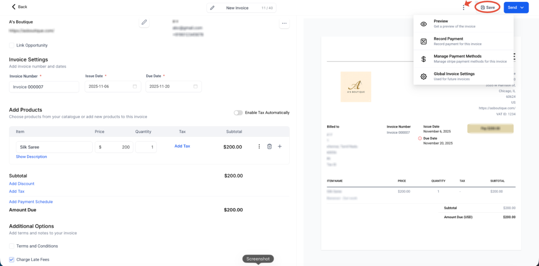 Invoices – New revamped UI – Invoice editor three-dot menu showing the Preview option