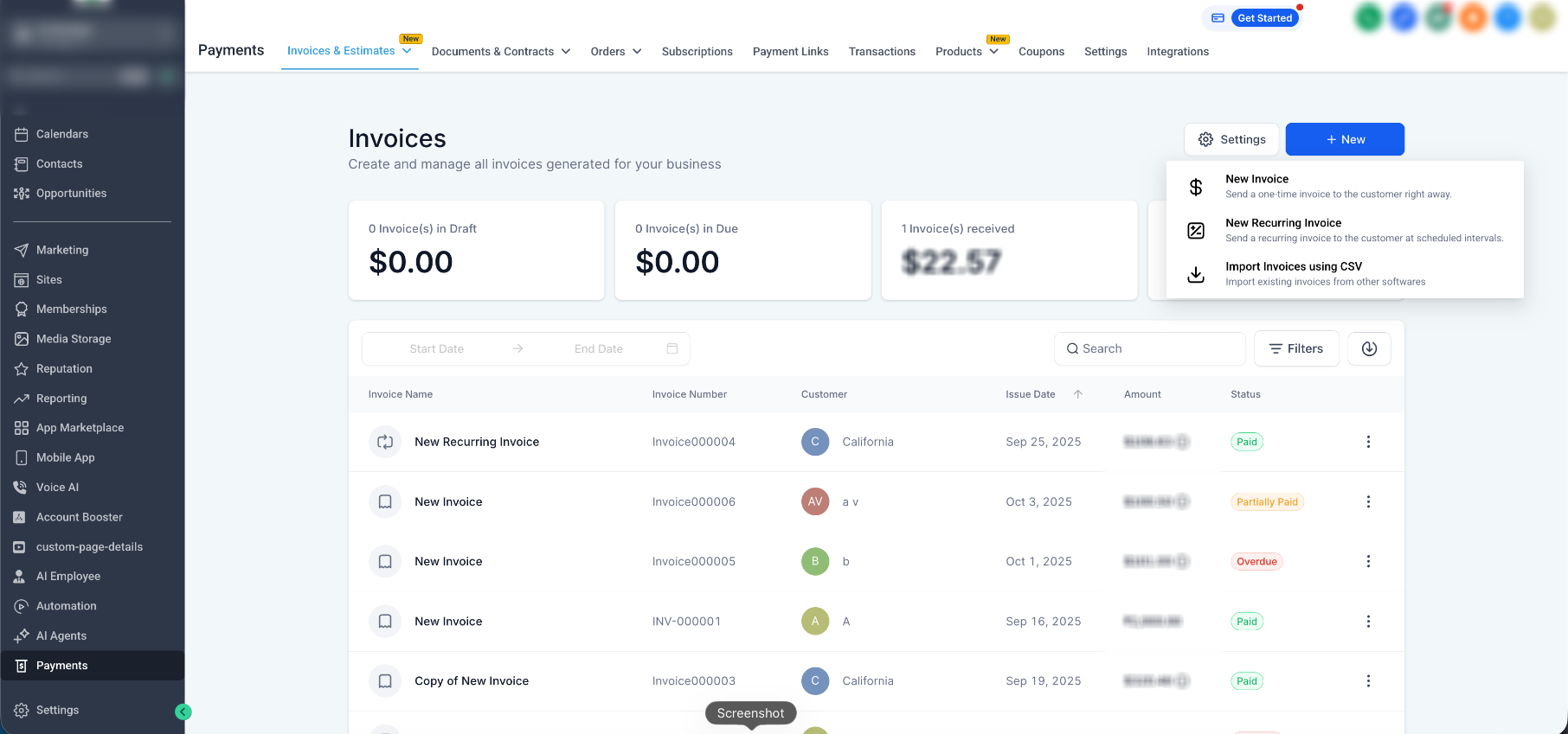 Invoices – New revamped UI – Invoices page showing the New menu with New Invoice and New Recurring Invoice options