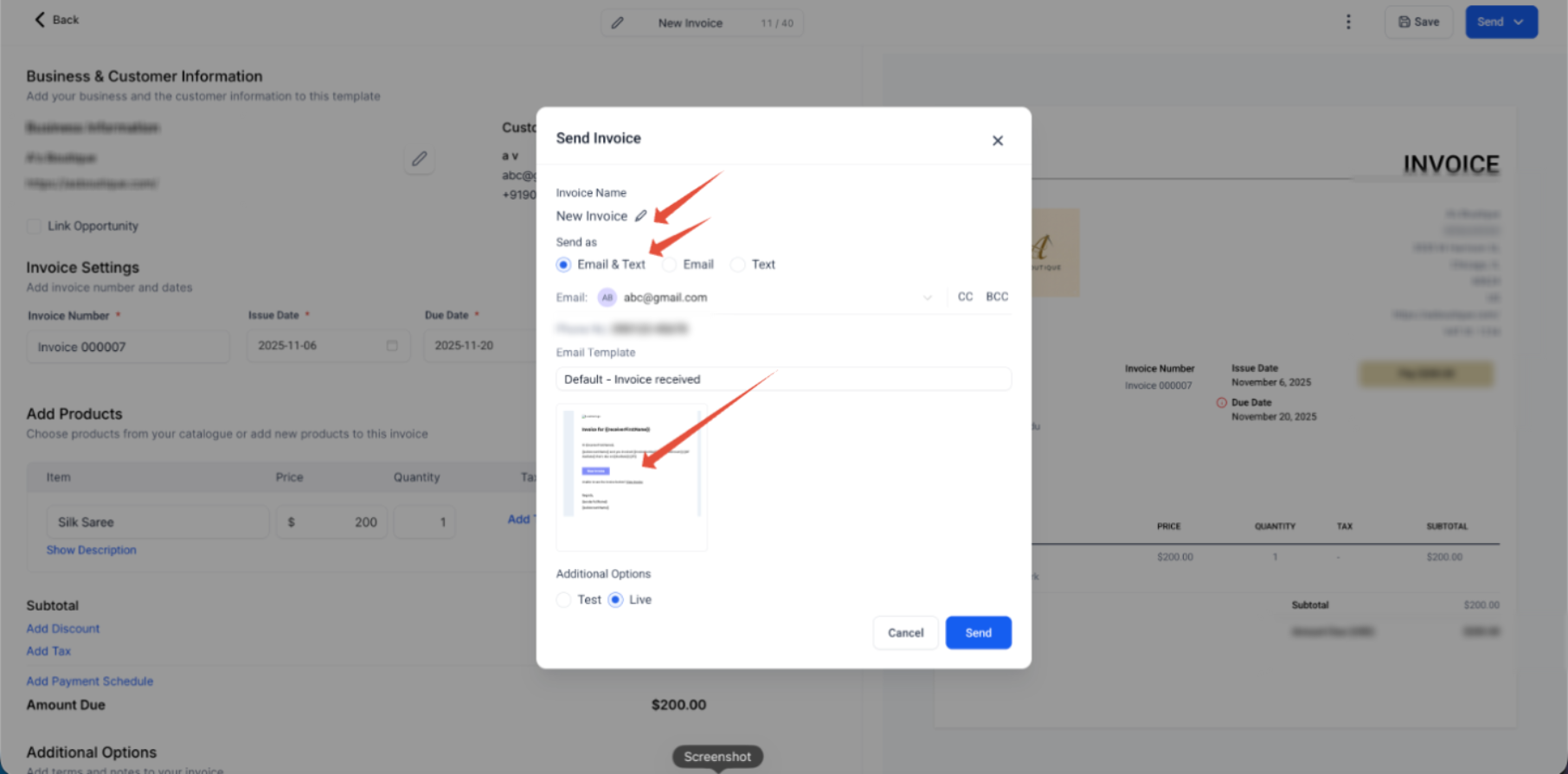 Invoices – New revamped UI – Send Invoice window showing invoice name delivery options email template and additional options
