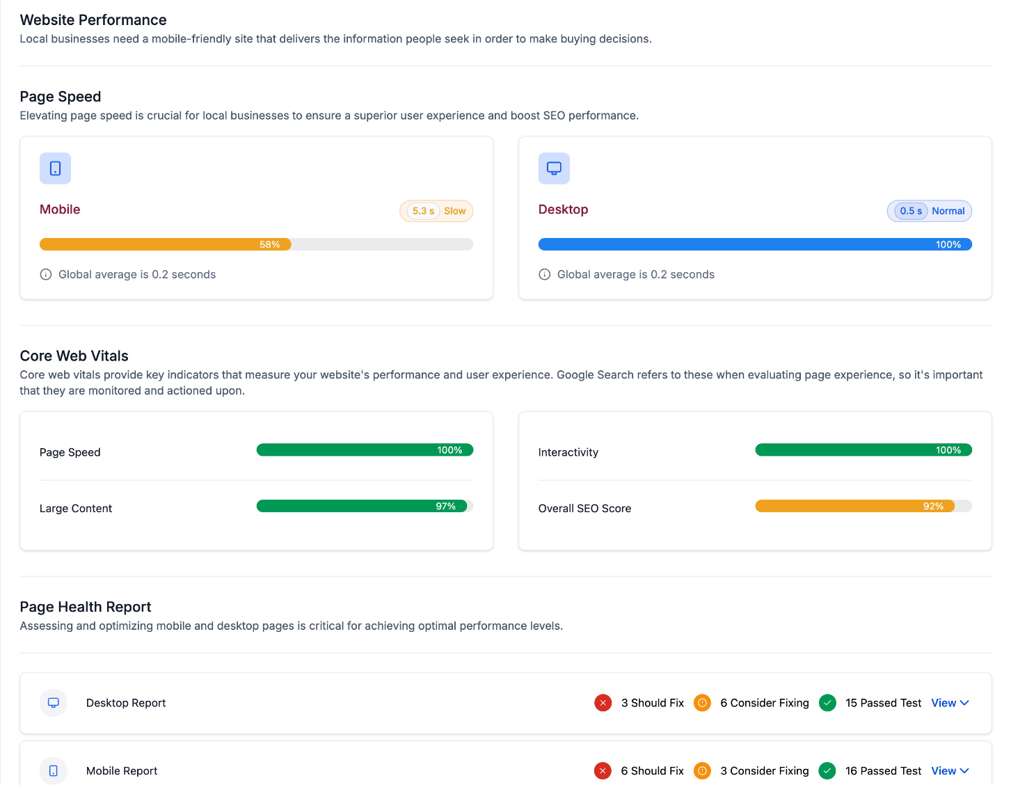Key components of the Marketing Audit report in the Prospecting Tool – Website Performance Insights: