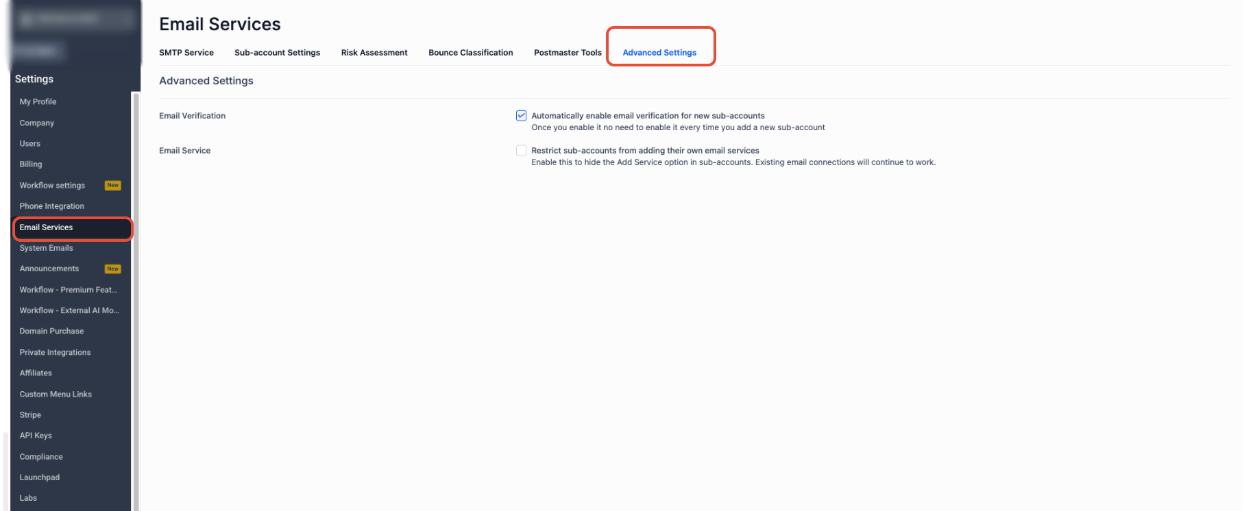 Mailgun: Private API Key Setup – Agency Email Services Advanced Settings showing controls for sub-account email service access
