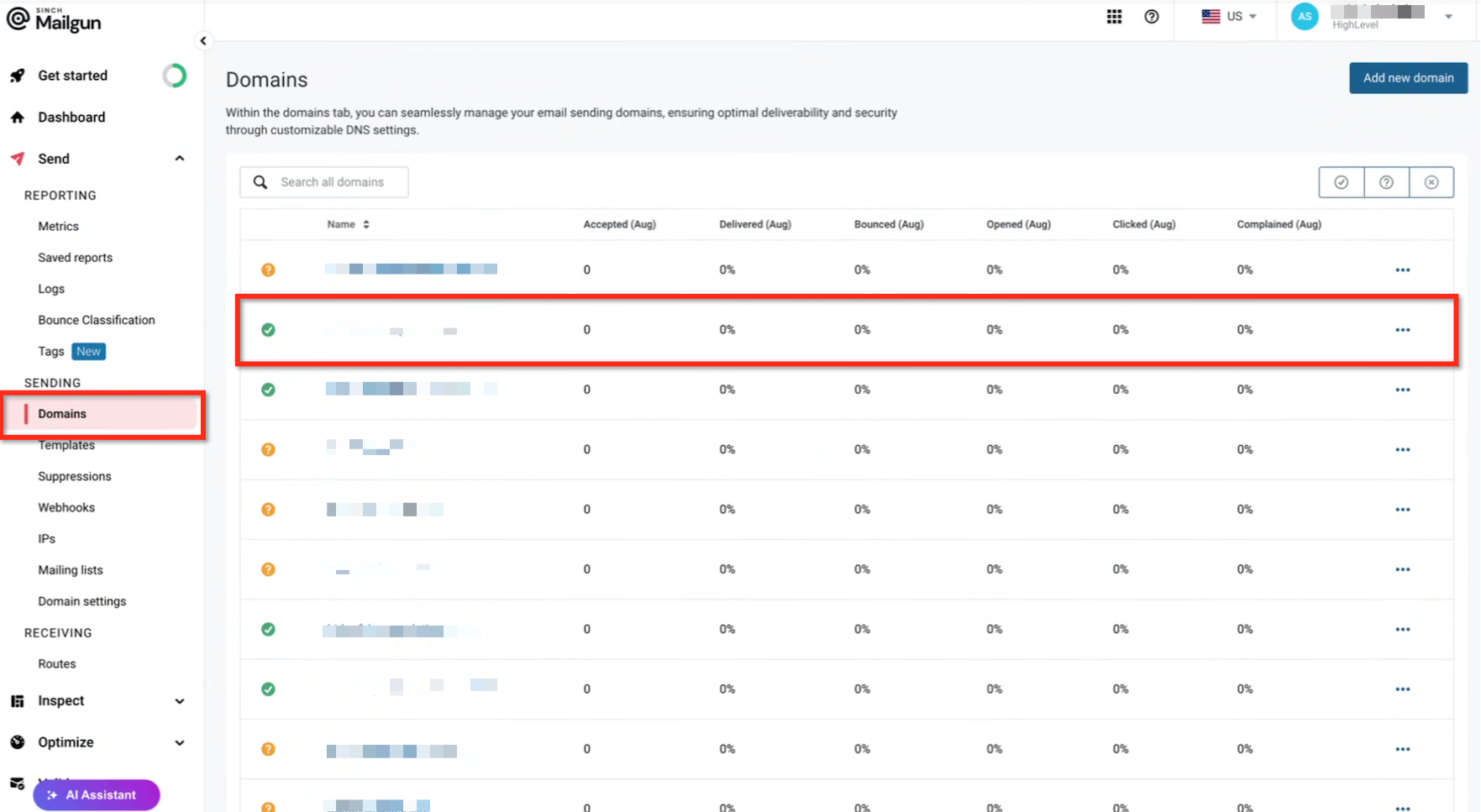 Mailgun: Private API Key Setup – Mailgun domain showing US-region configuration and verified status