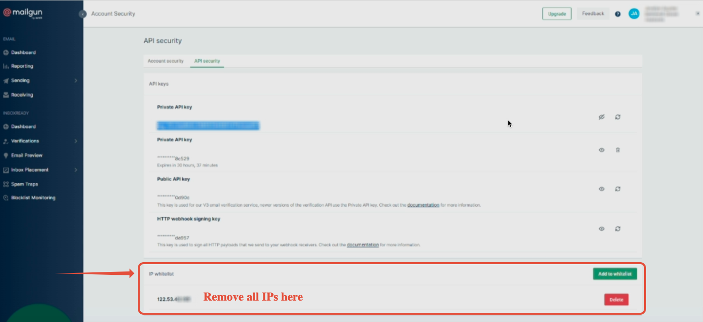 Mailgun: Private API Key Setup – Mailgun IP access restriction settings used when troubleshooting API domain synchronization