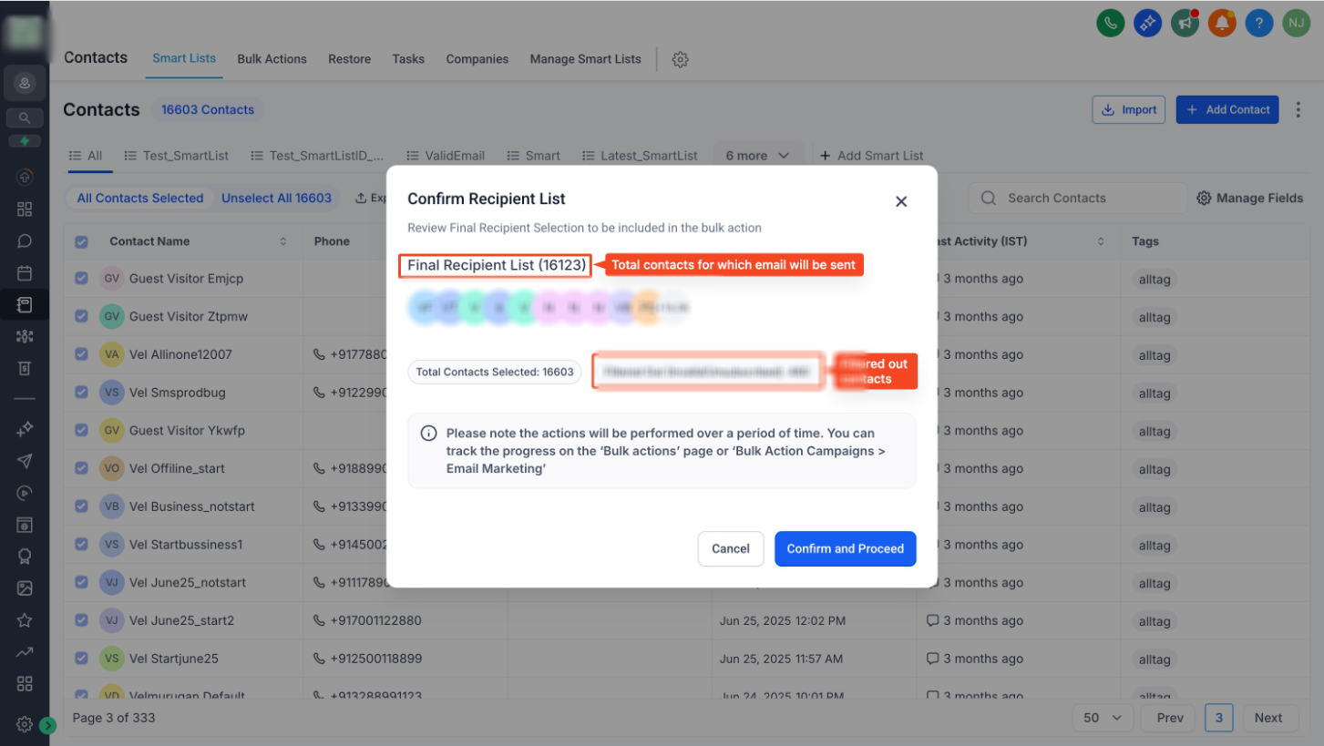 New UI for Email creation via Bulk action in Contacts – Pre-send Contact Filtering